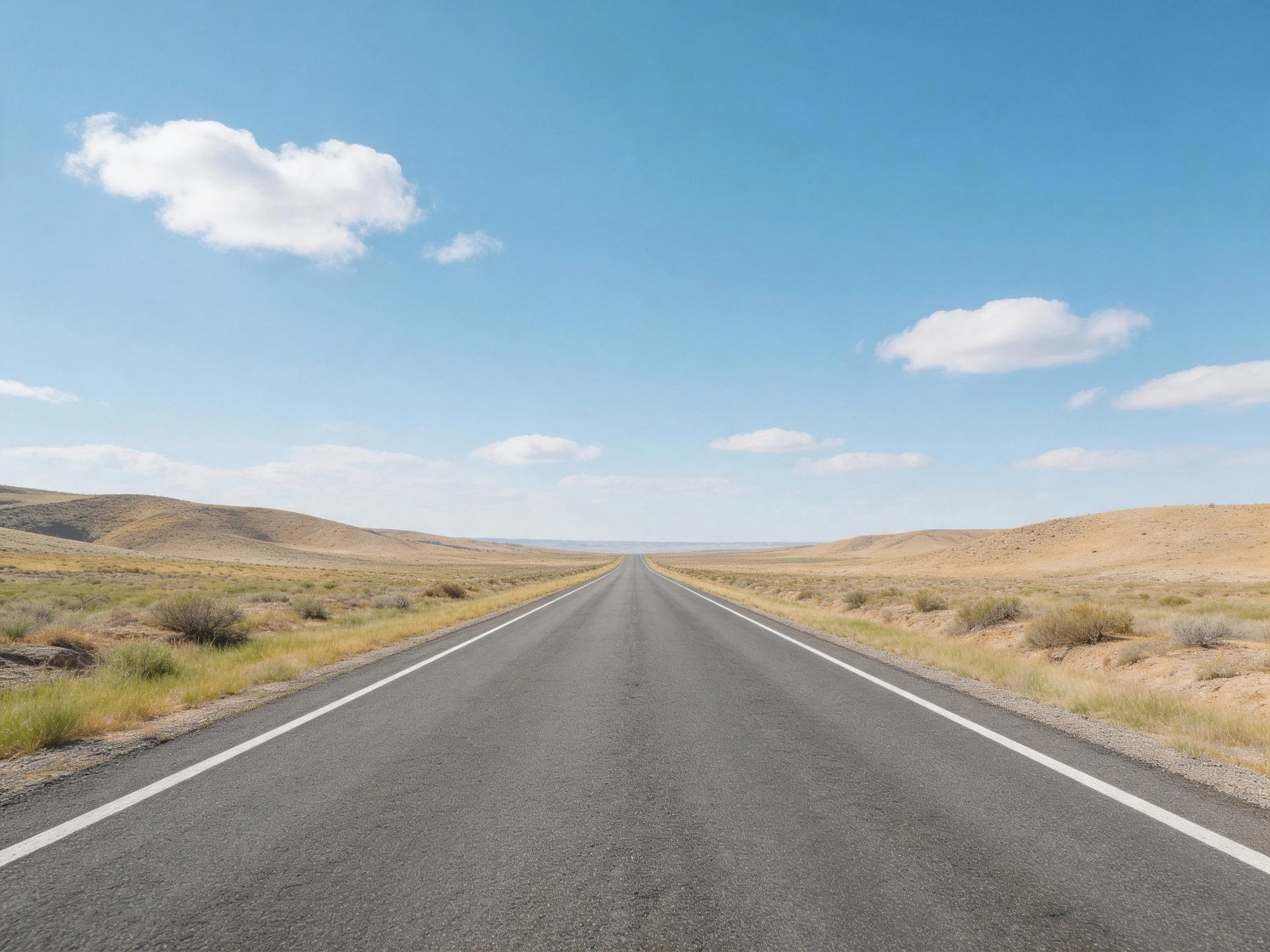 Long asphalt road stretches into arid landscape with rolling hills