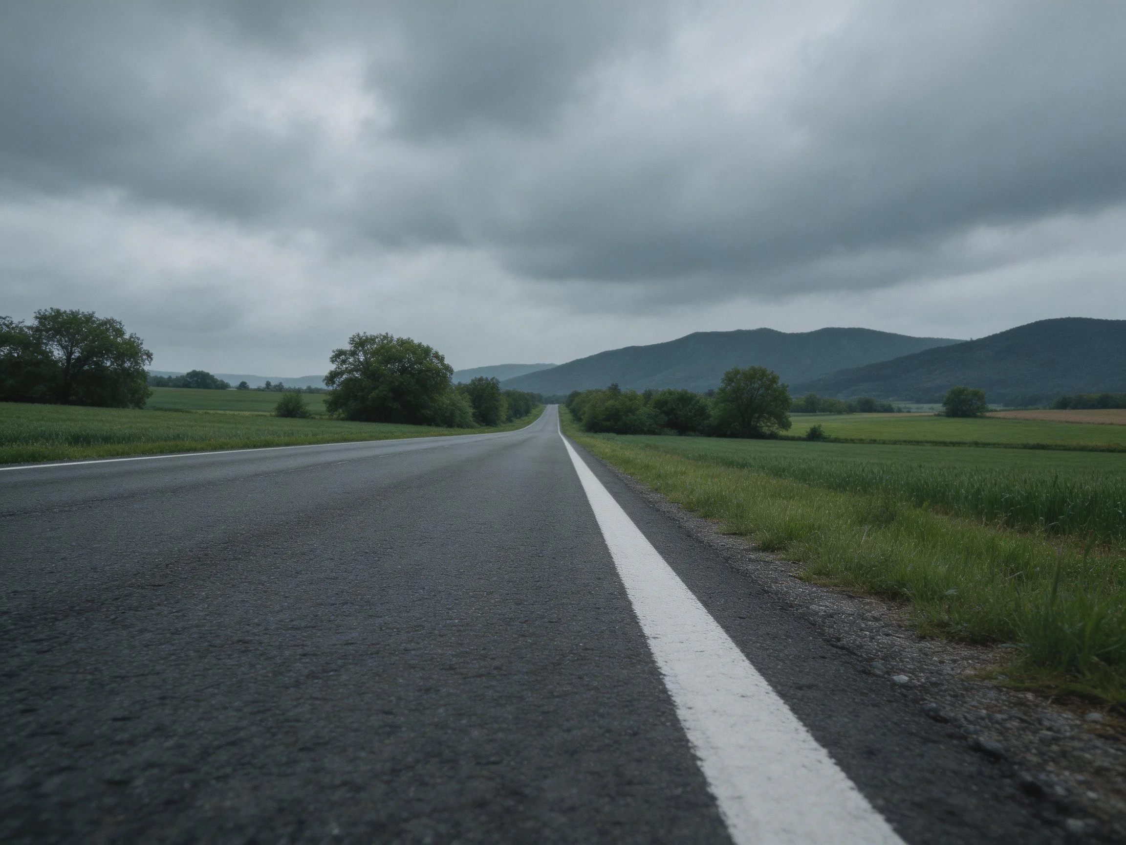 Long asphalt road with green fields, trees, and distant mountains under overcast sky