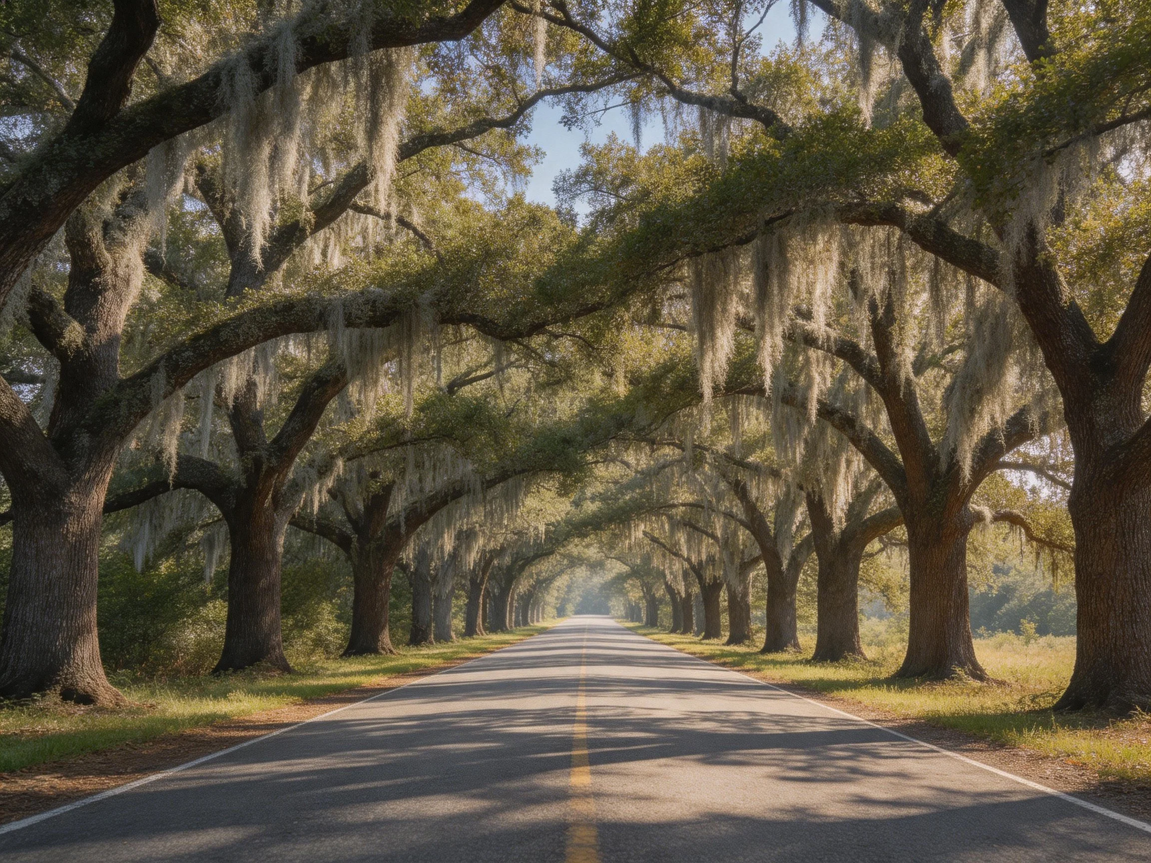 Long avenue lined with ancient oak trees draped in Spanish moss