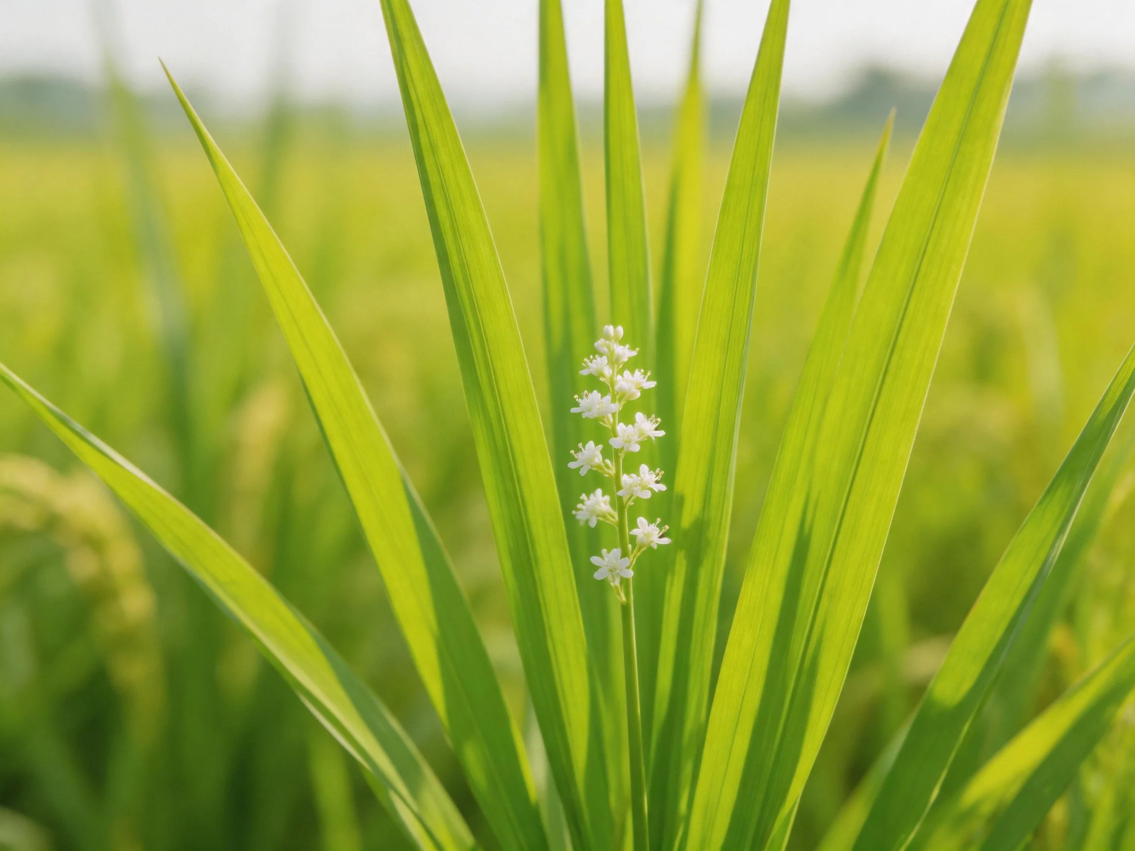 Long green leaves frame a cluster of tiny white flowers