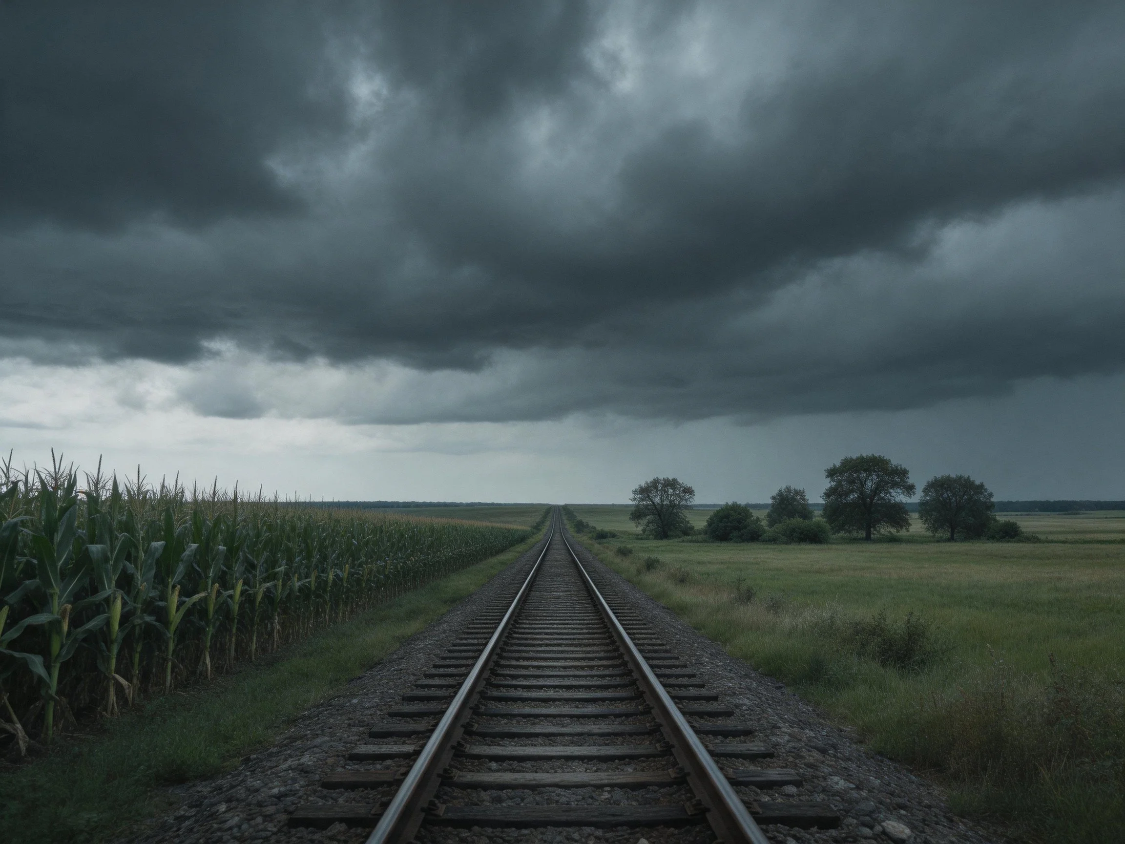 Long railroad tracks extend into a rural landscape under dark stormy clouds