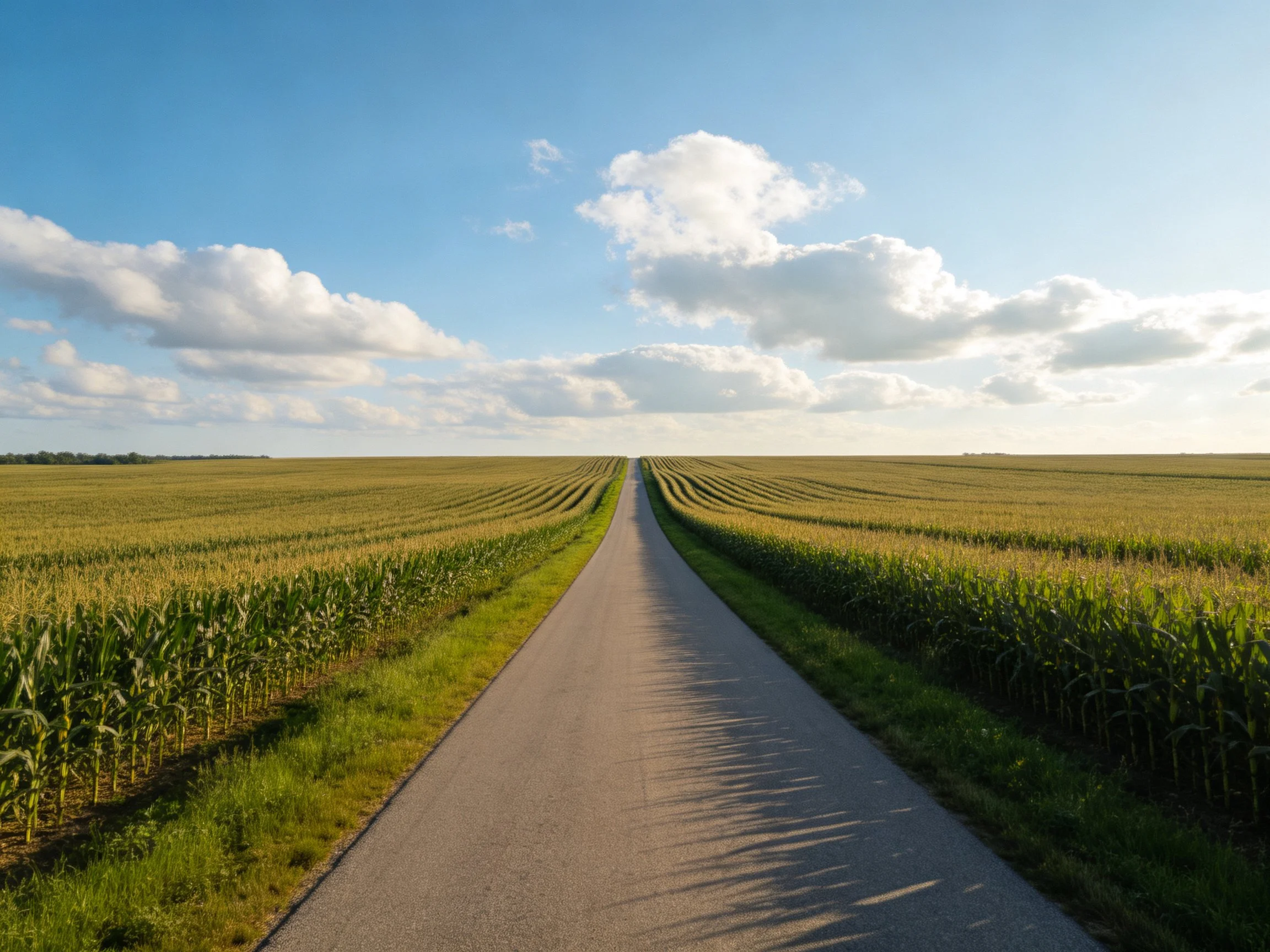 Long road cuts through vast golden farmland under bright blue sky