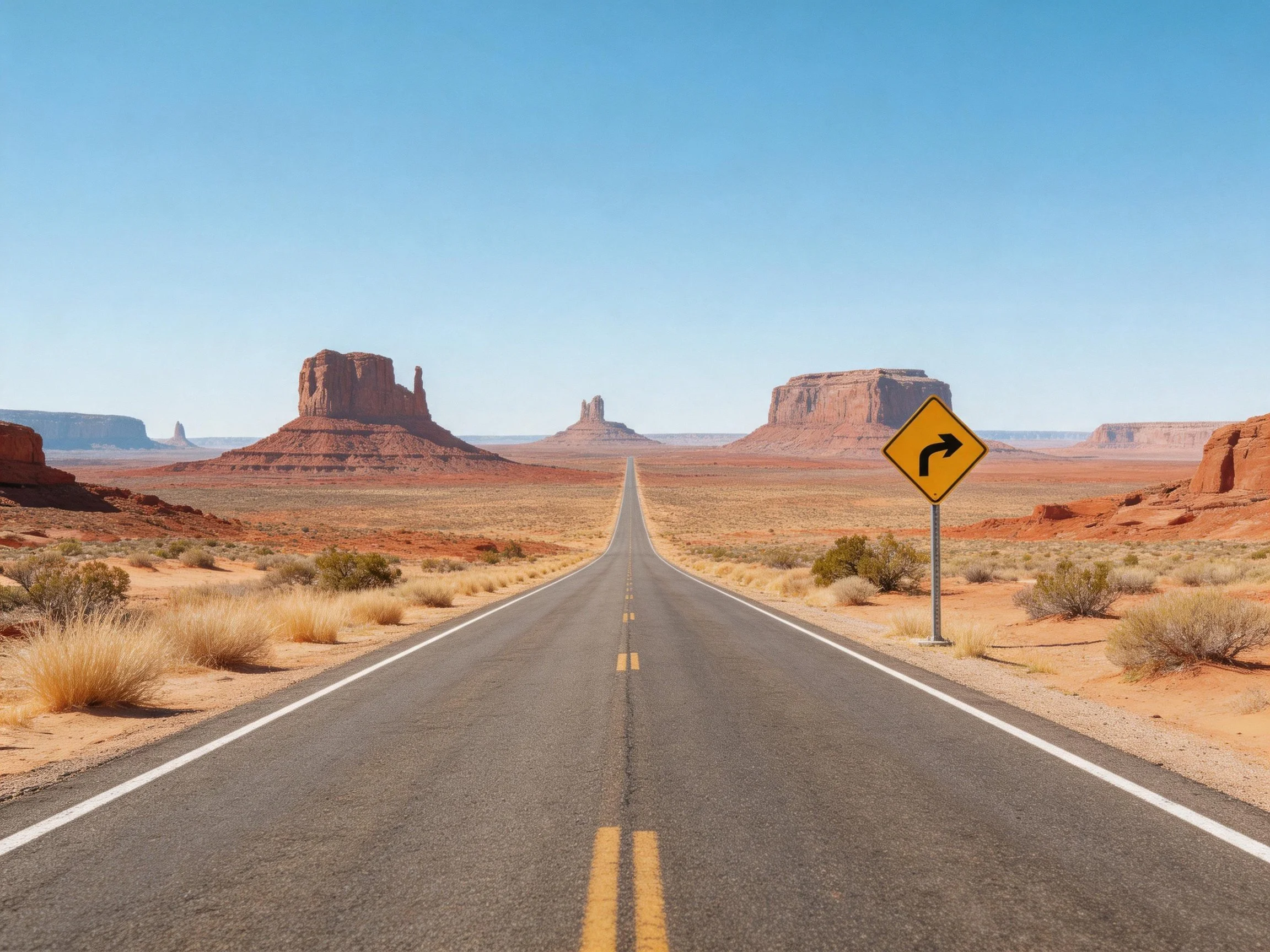 Long straight road through arid desert with red rock formations and yellow sign