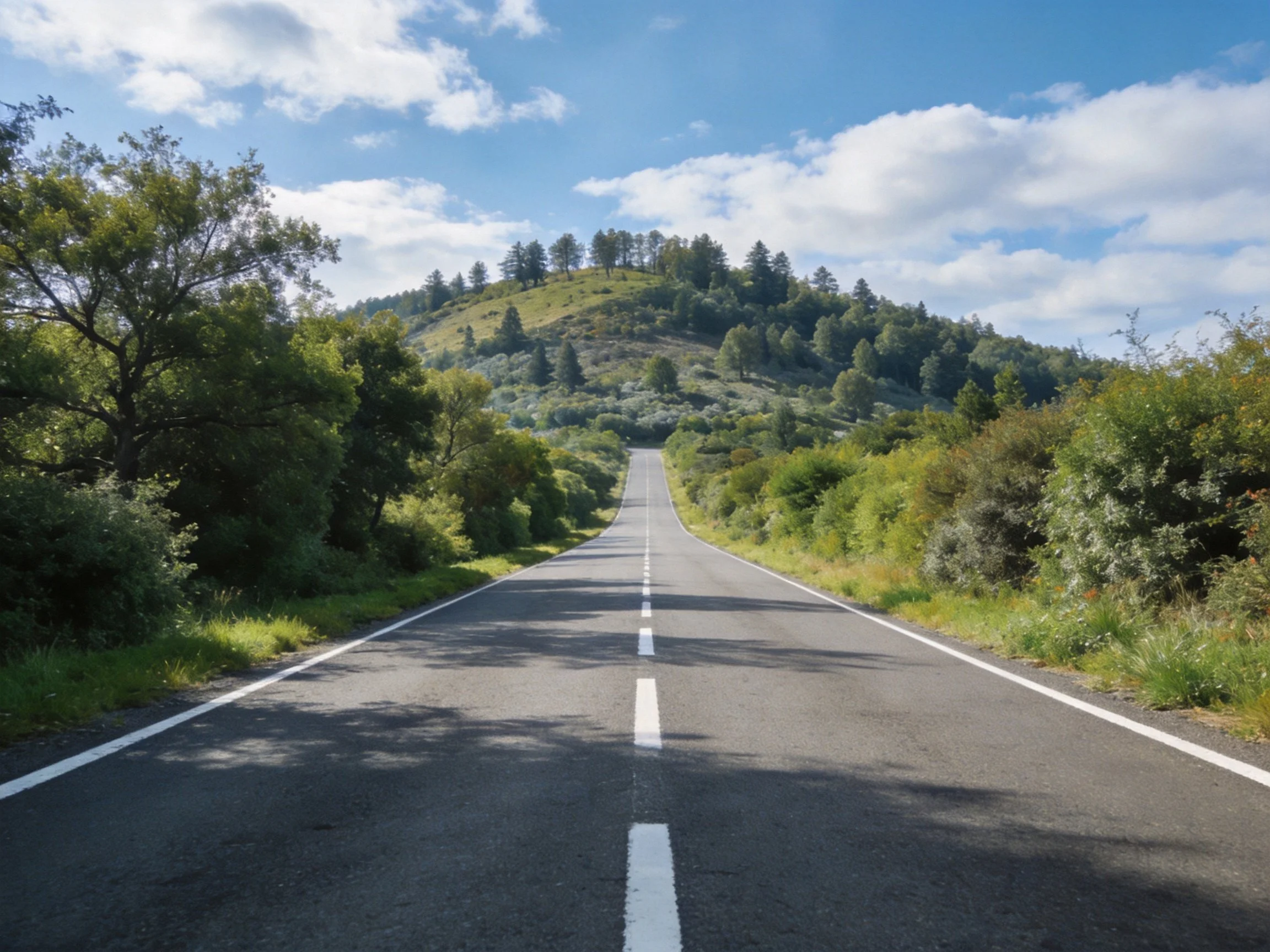 Long two - lane asphalt road leads toward forested hill under blue sky