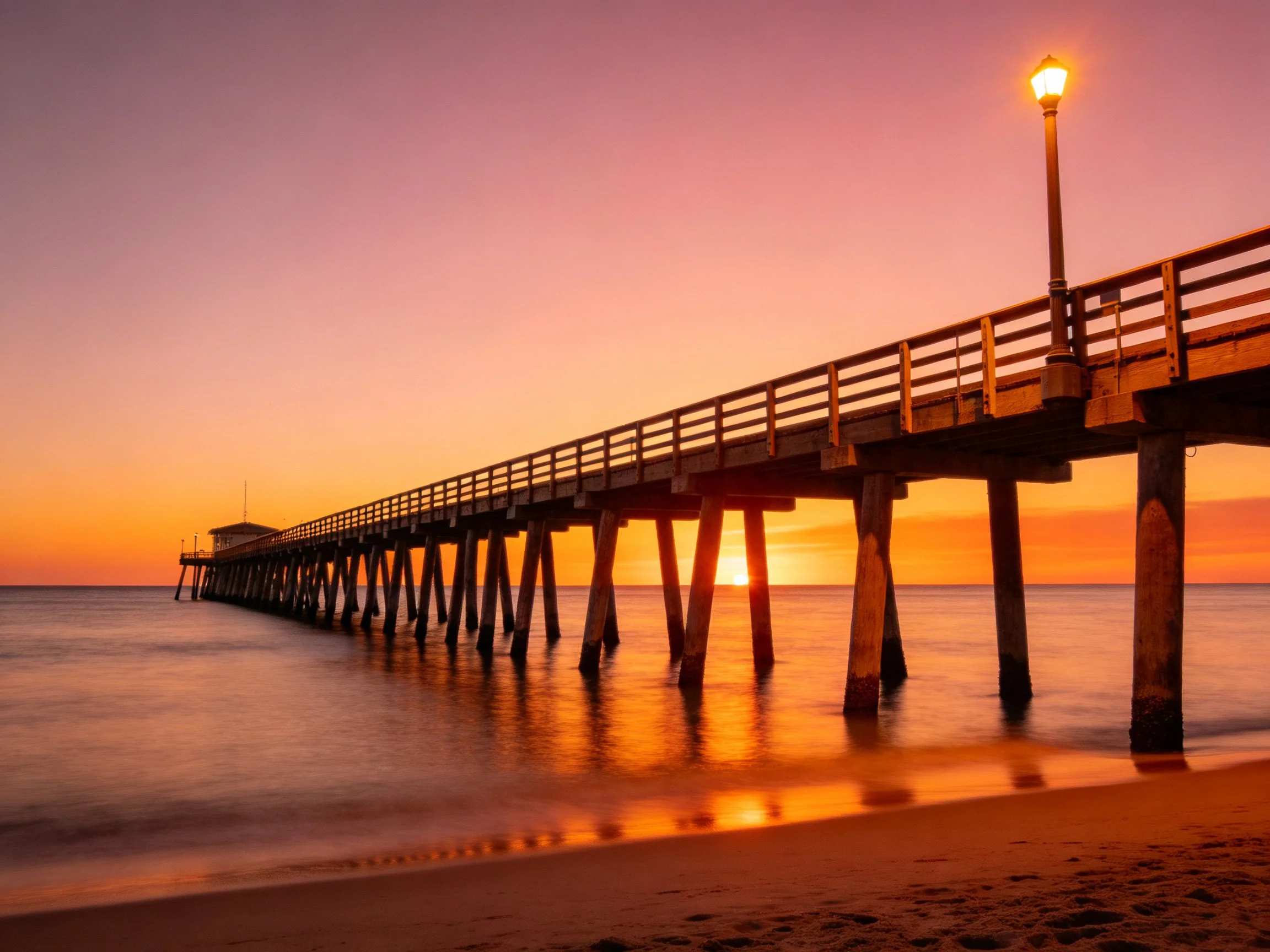 Long wooden pier spans over calm ocean at vibrant sunset