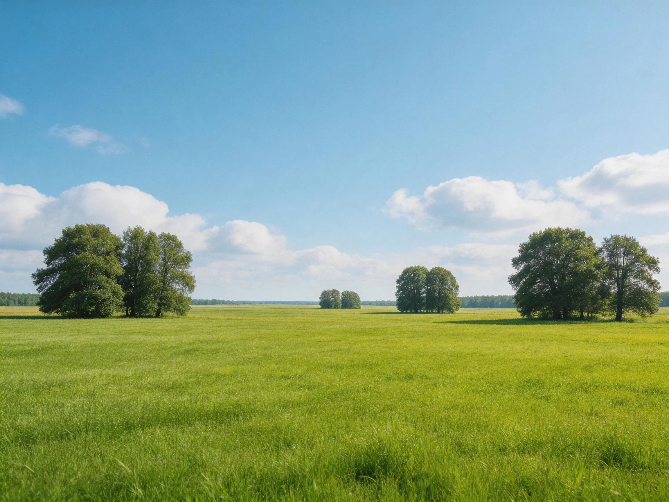 Lush Green Field with Scattered Trees Under Bright Blue Sky