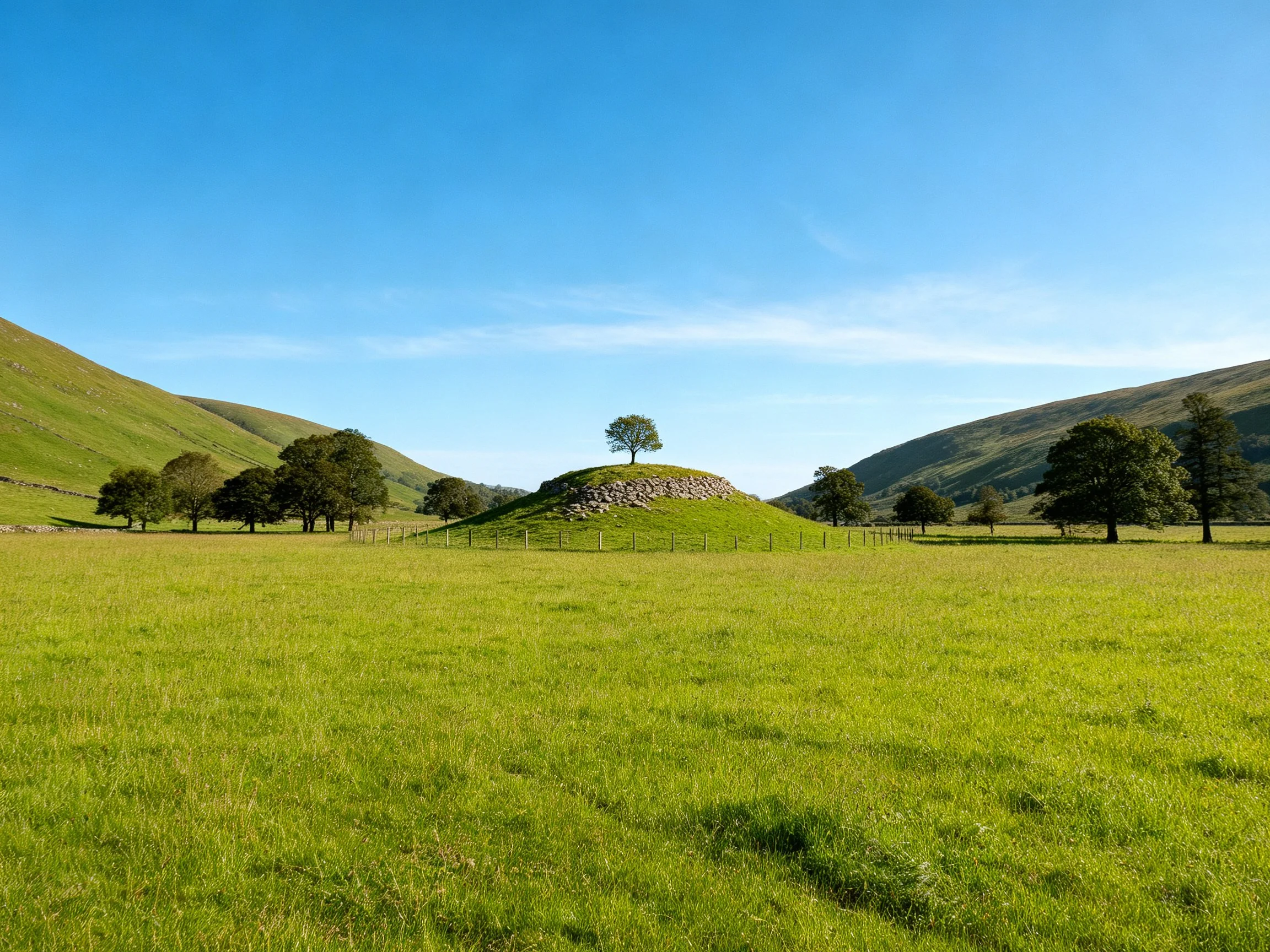 Lush Green Fields, Stone Mound, and Rolling Hills
