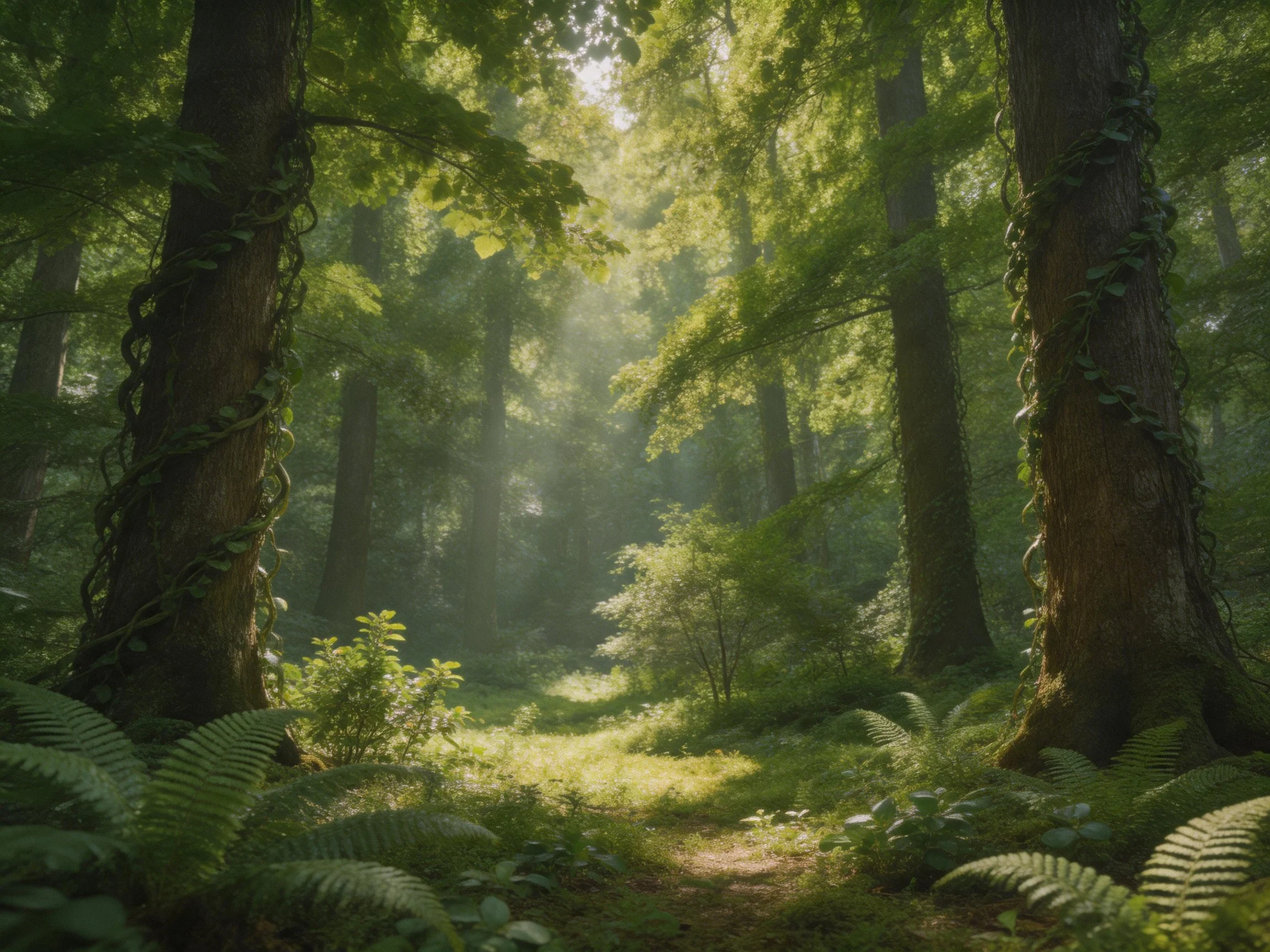 Lush Green Forest with Sunlit Pathway Through Tall Trees