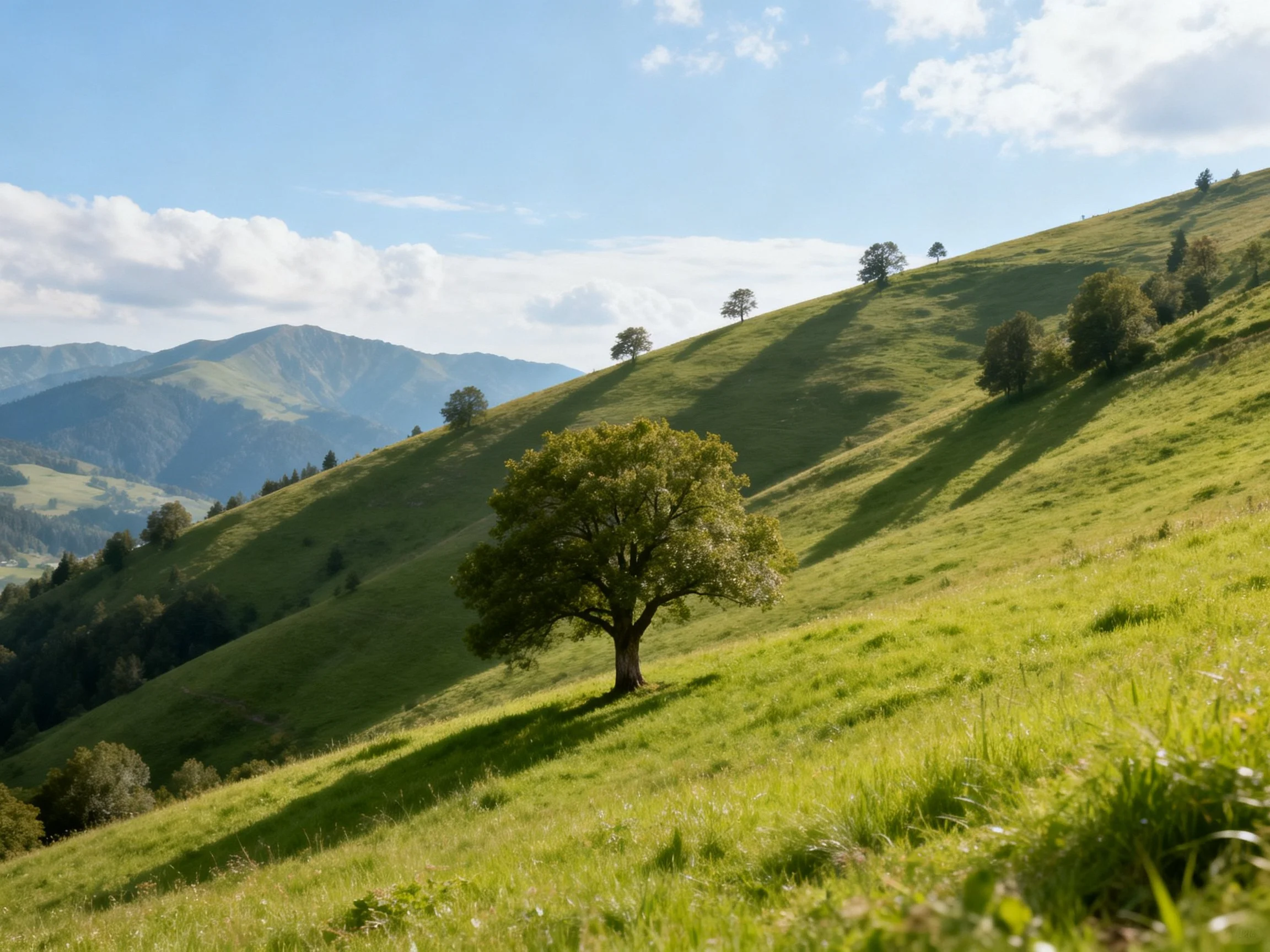Lush Green Hillsides with Solitary Trees and Mountain Views