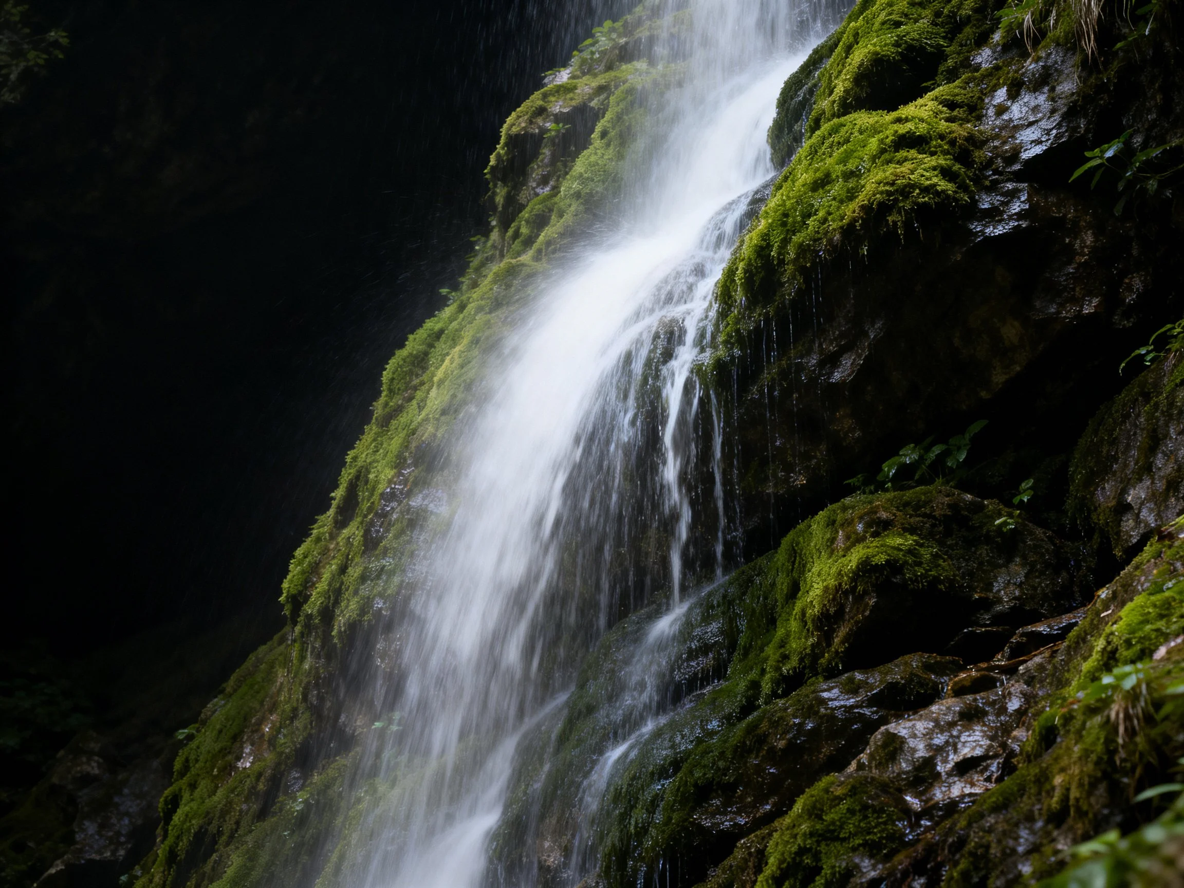 Lush Green Moss Clings to Dark Rocky Cliff as Waterfall Descends