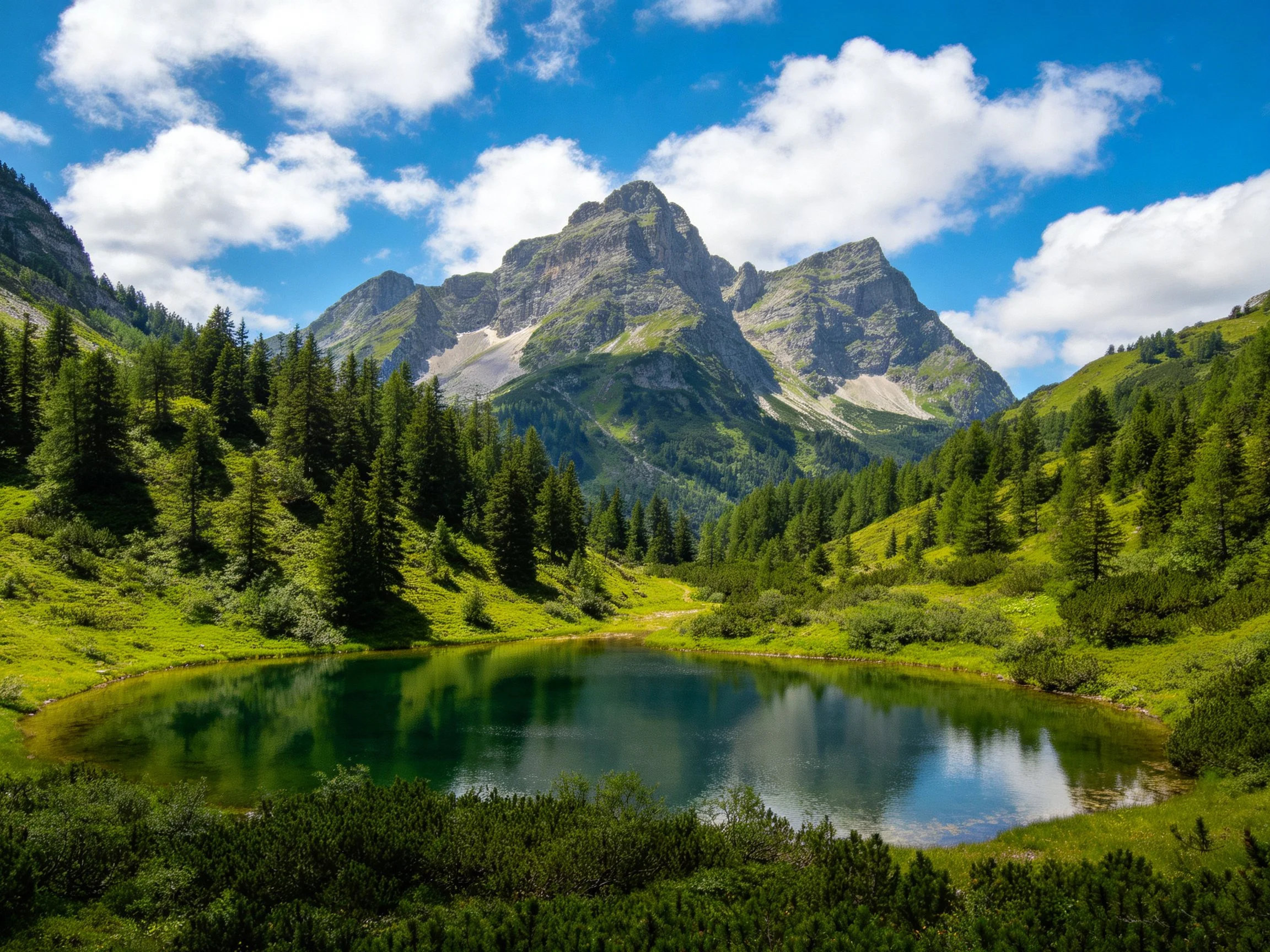 Lush Green Mountain Lake Among Towering Peaks