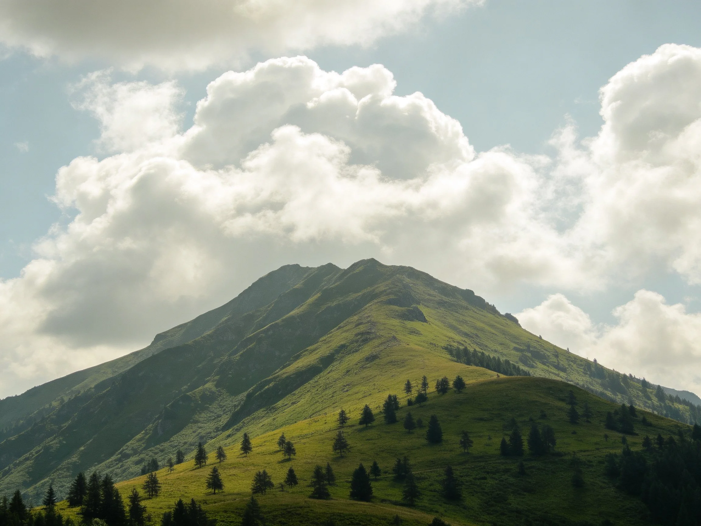 Lush Green Mountain Slopes With Scattered Trees and Fluffy Clouds