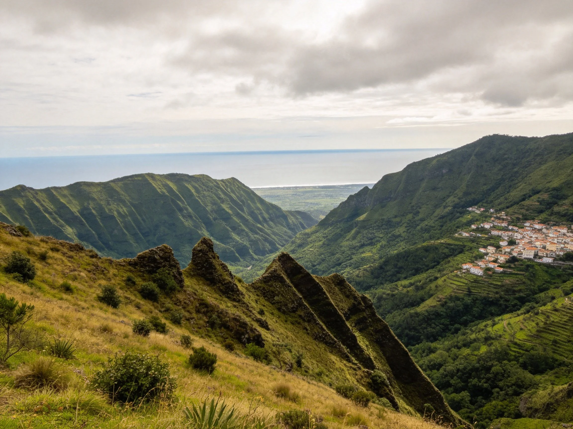 Lush Green Mountain Valley with Coastal Village View