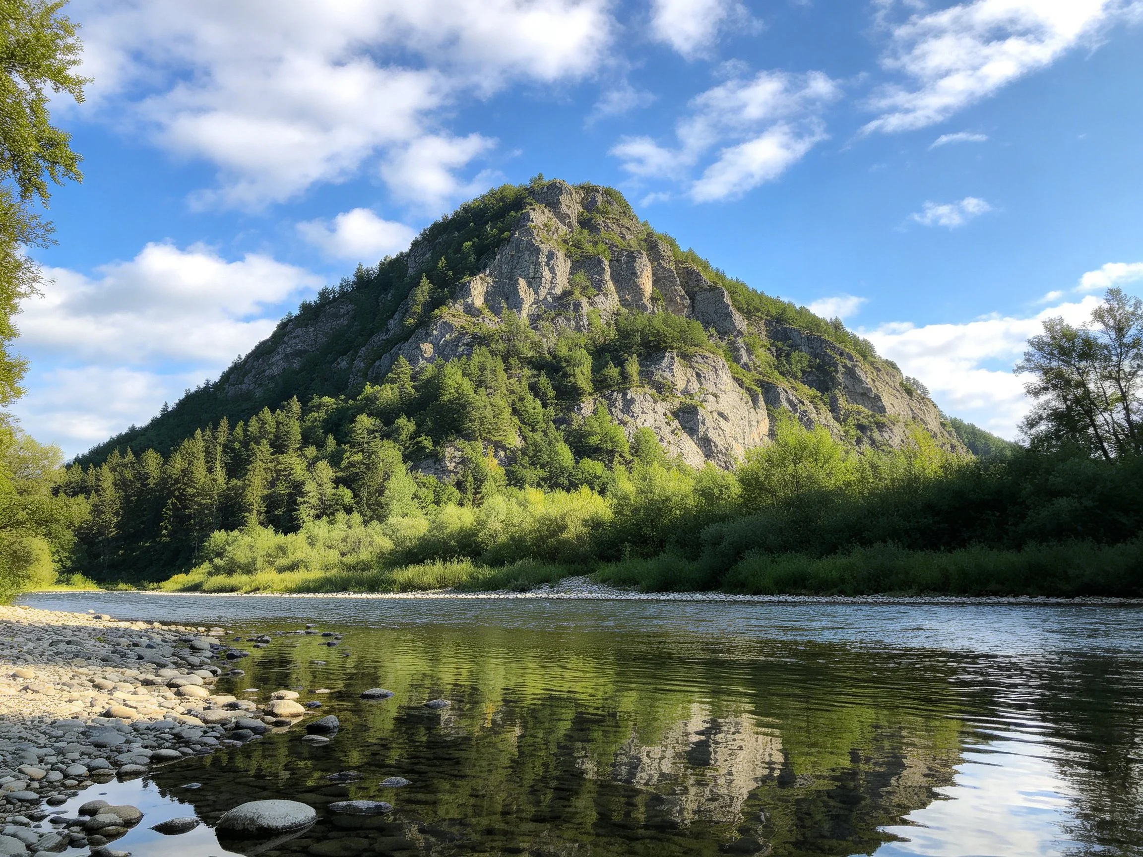 Lush Green Mountain with River Reflection Under Bright Sky