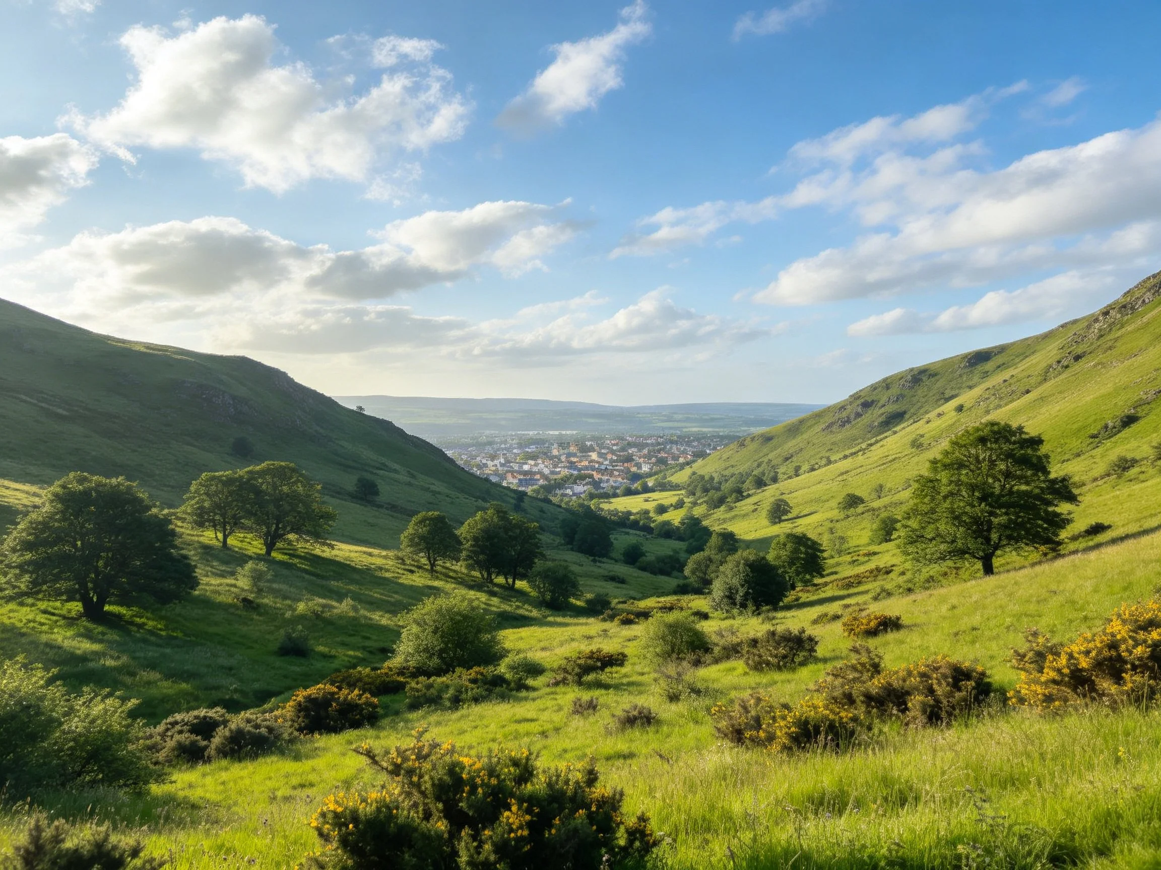 Lush Green Rolling Hills with Scattered Trees and Distant Town