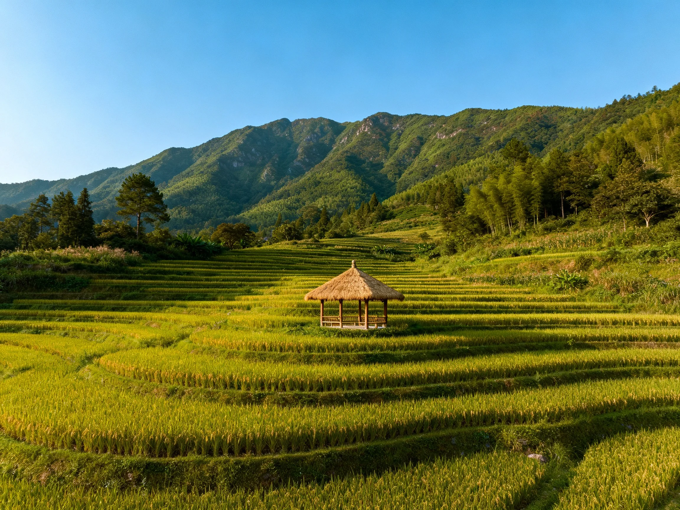 Lush Green Terraced Rice Fields with Central Thatched Gazebo