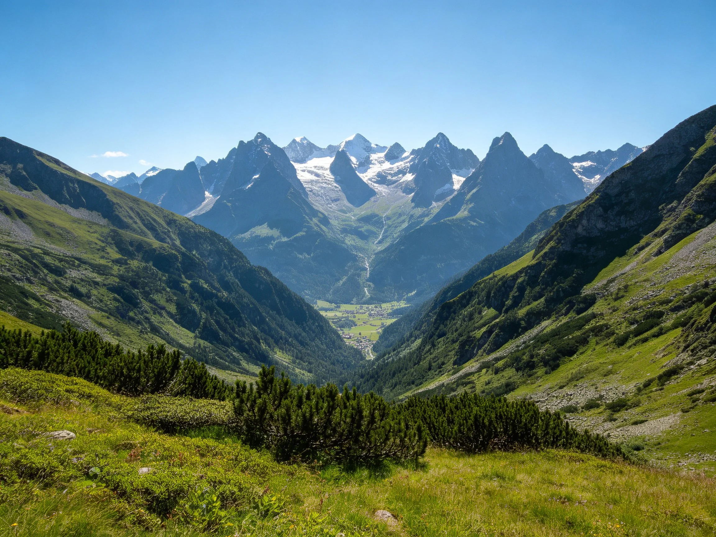 Lush Green Valley Between Towering Snow-Capped Peaks