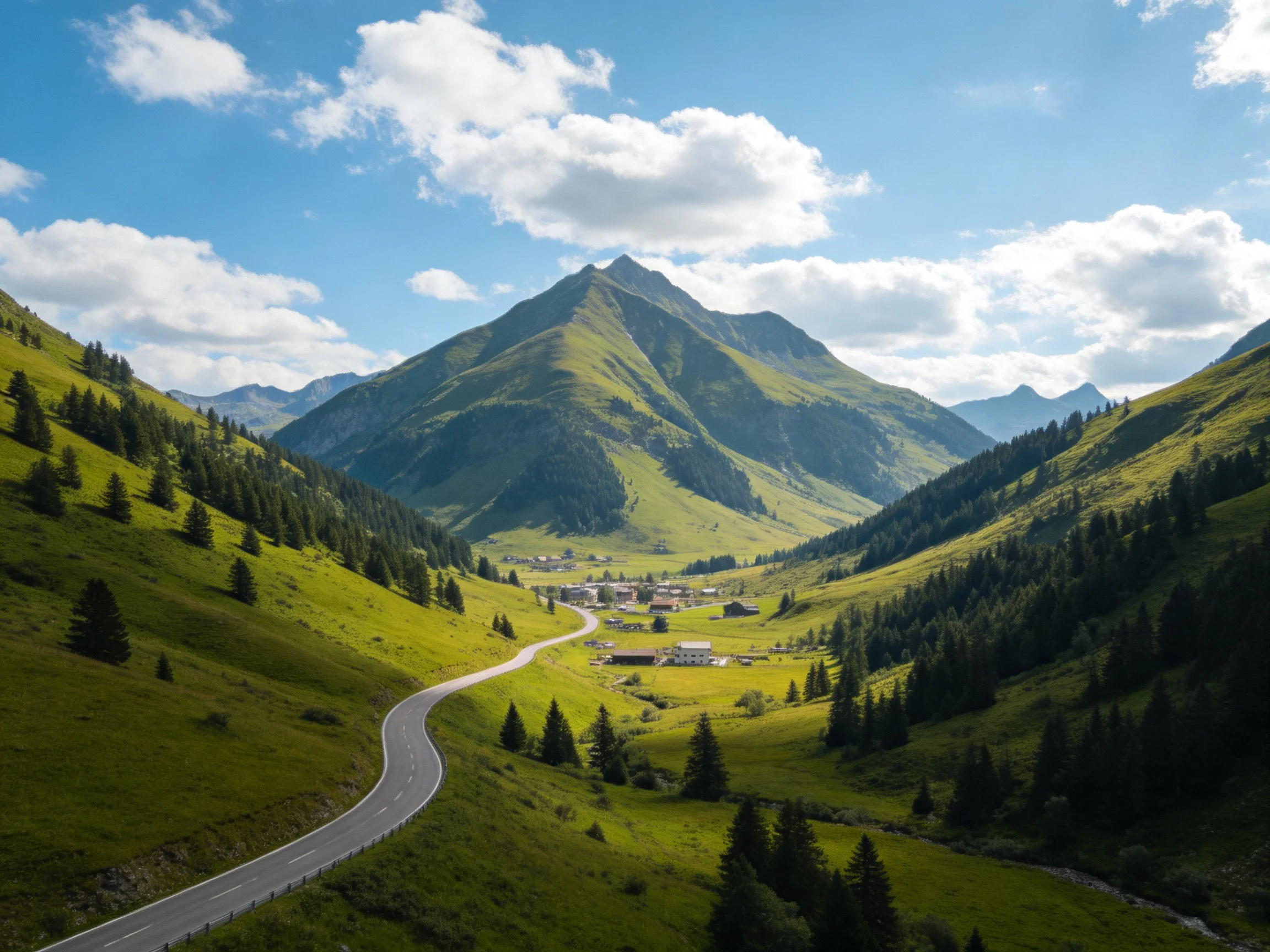 Lush Green Valley With Mountain Peaks and Winding Road