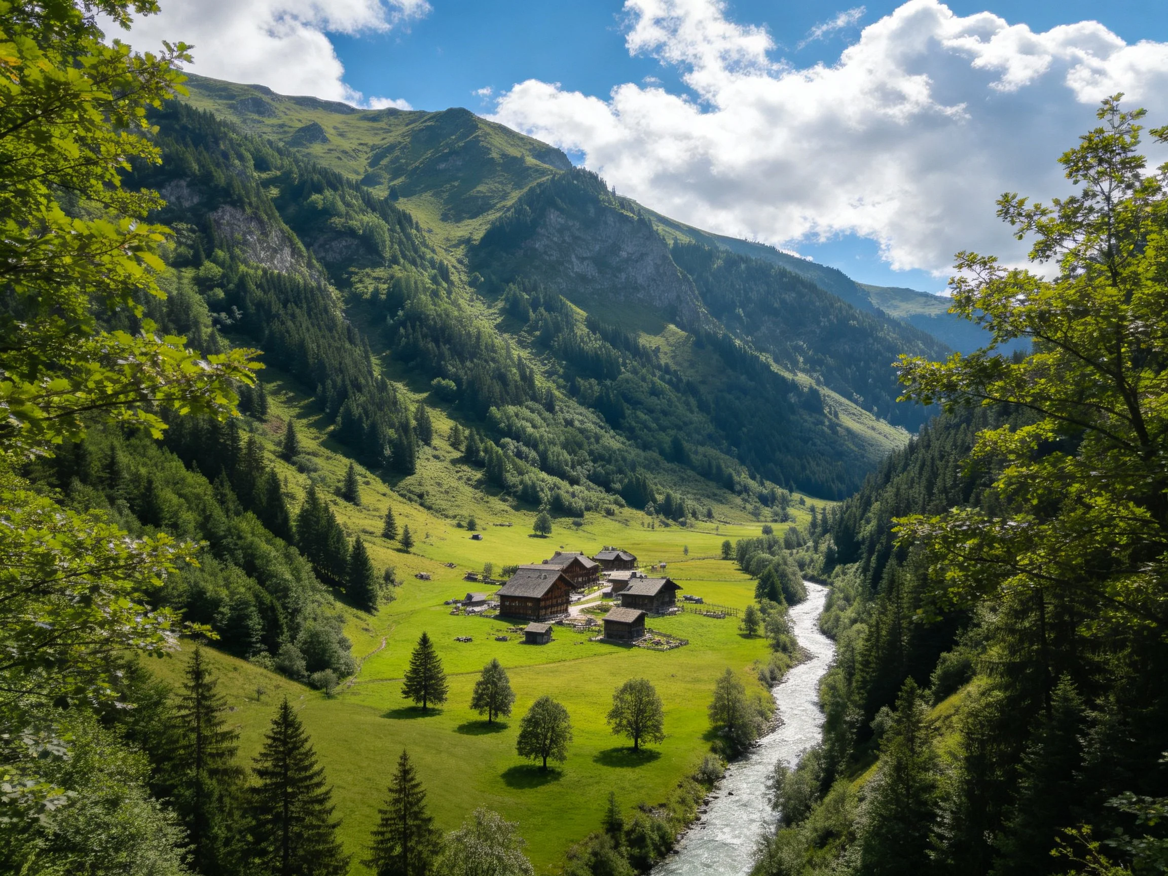 Lush Green Valley with Farmhouses and Flowing River