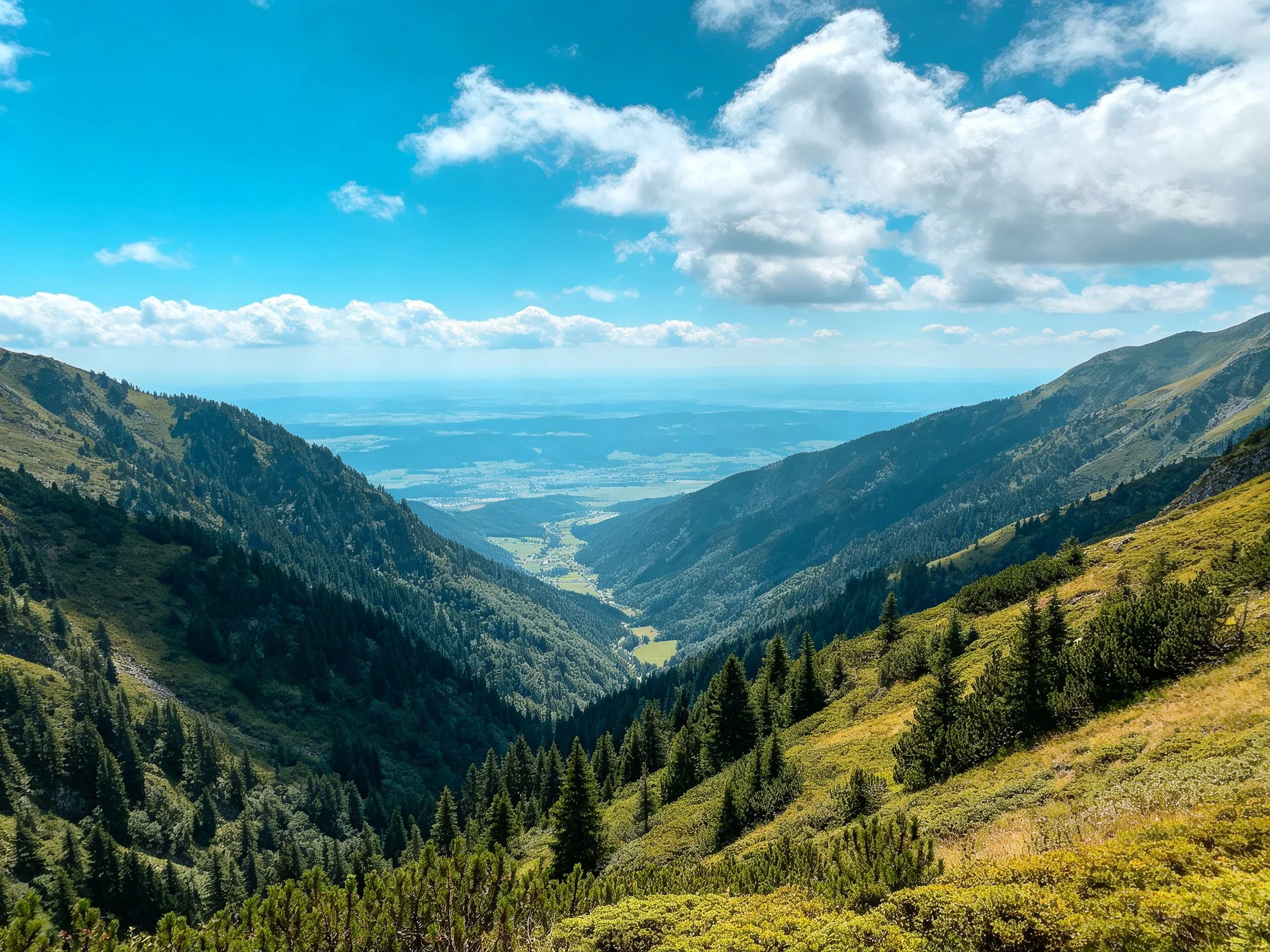 Lush Mountain Valley with Dense Forests and Bright Blue Sky