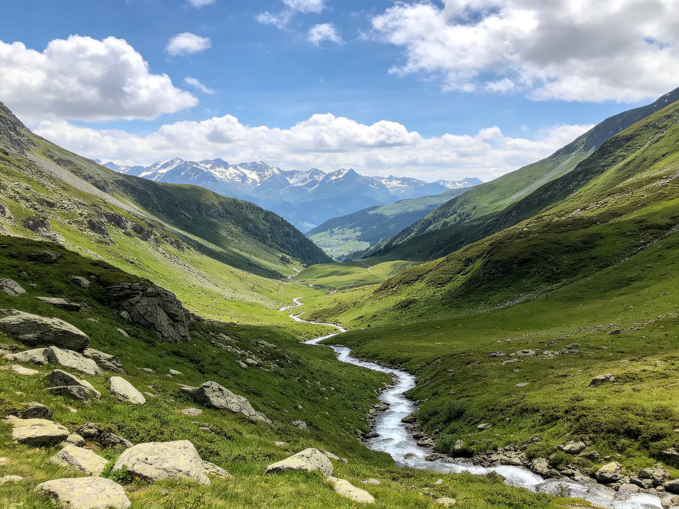 Lush Mountain Valley with Winding Stream and Snow-Capped Peaks