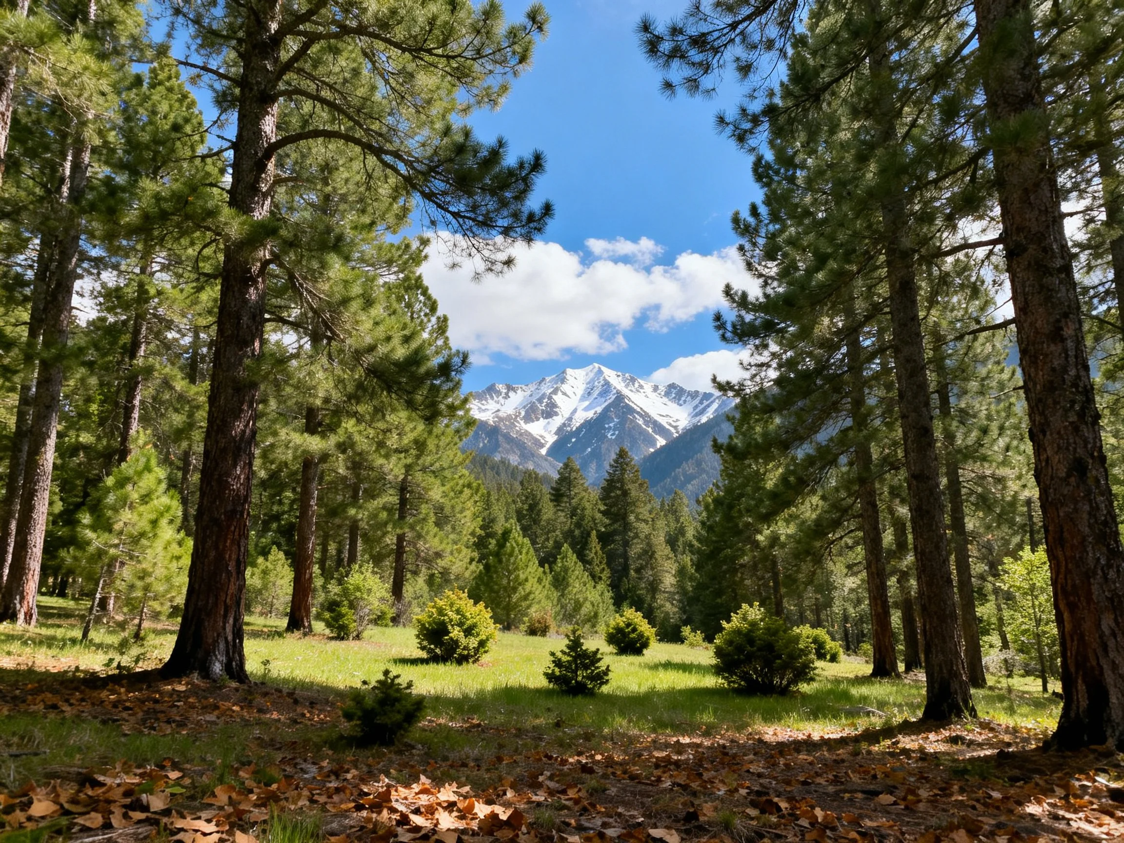 Lush Pine Forest Clearing with Snow-Capped Mountains