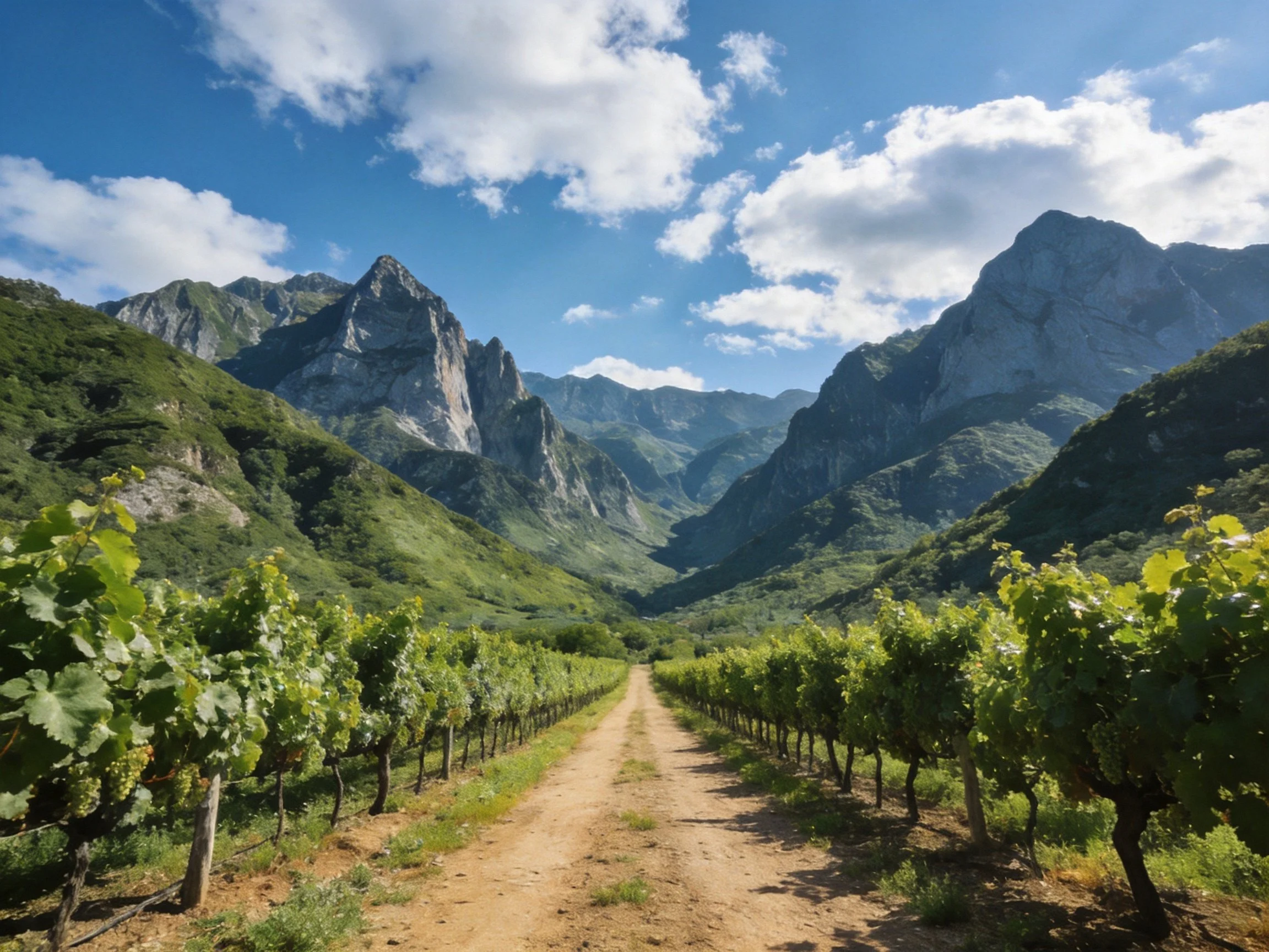 Lush Vineyard Paths Among Towering Green Peaks