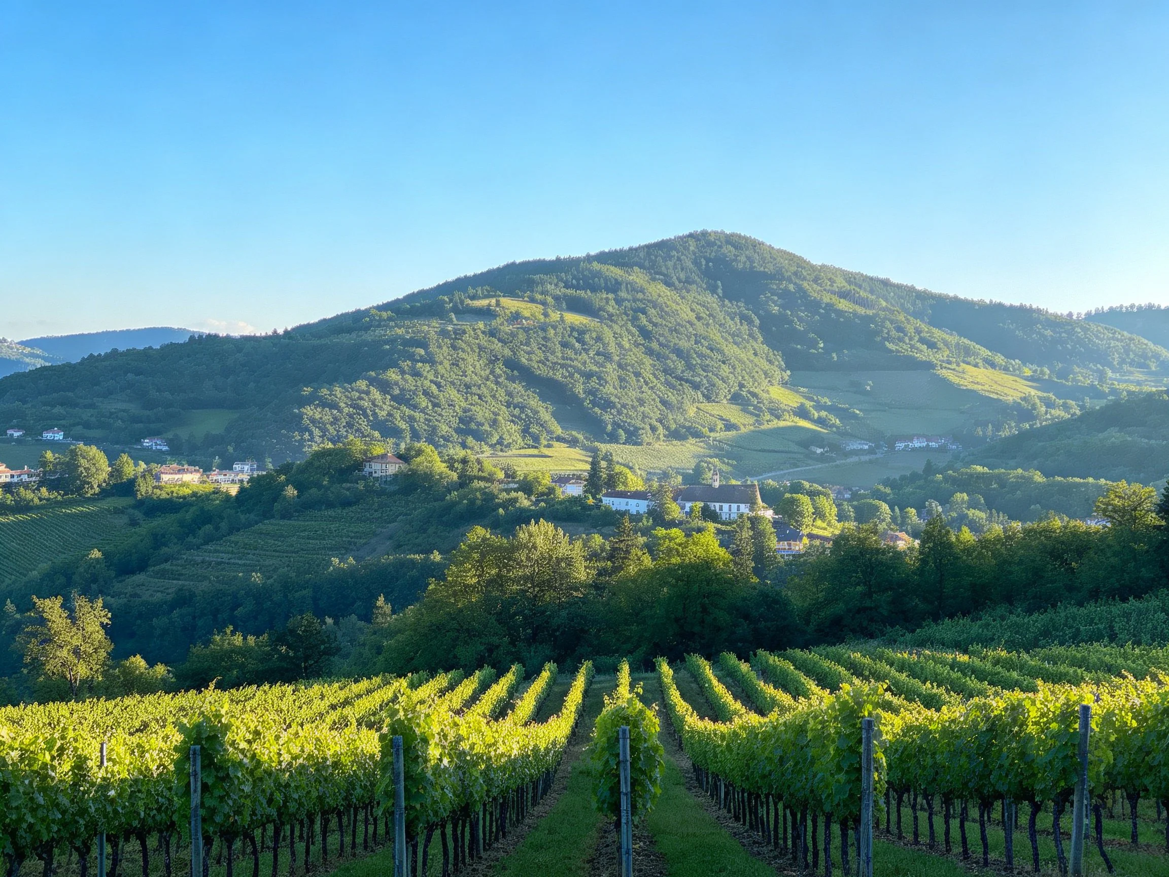 Lush Vineyard Rows Lead to Verdant Mountain Peaks
