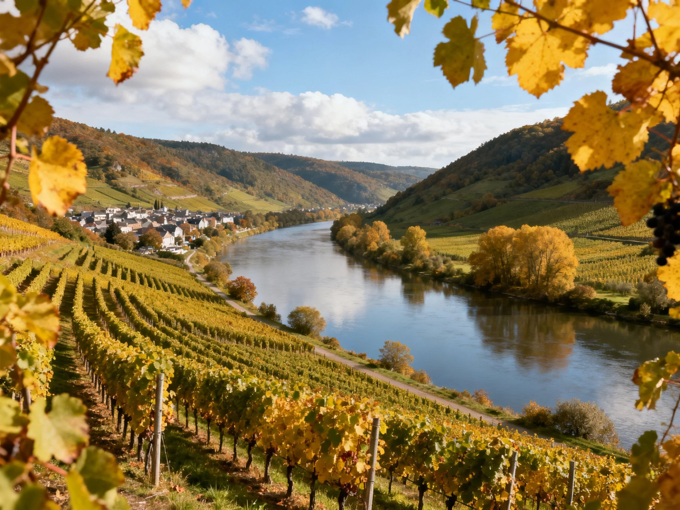 Lush autumn vineyards bordering a winding river through hilly countryside