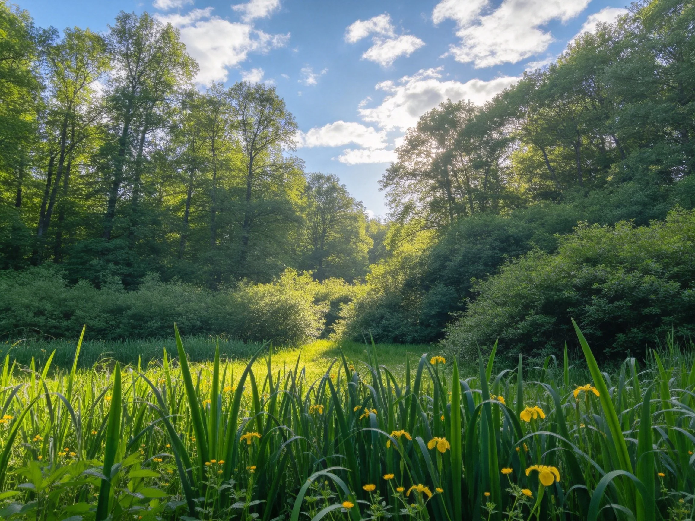 Lush forest glade with tall grasses and vibrant greenery