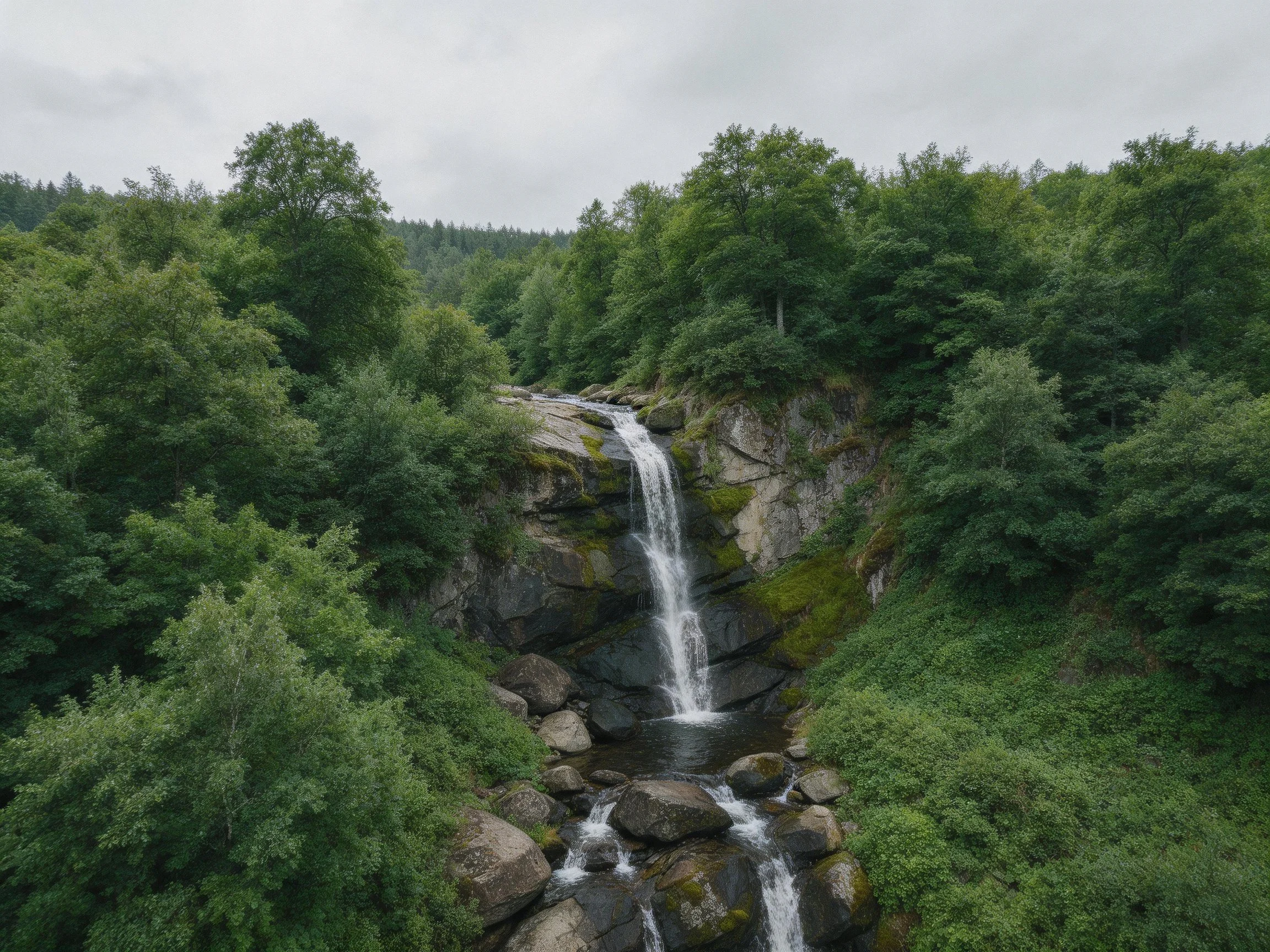 Lush forest waterfall cascades over mossy rocks