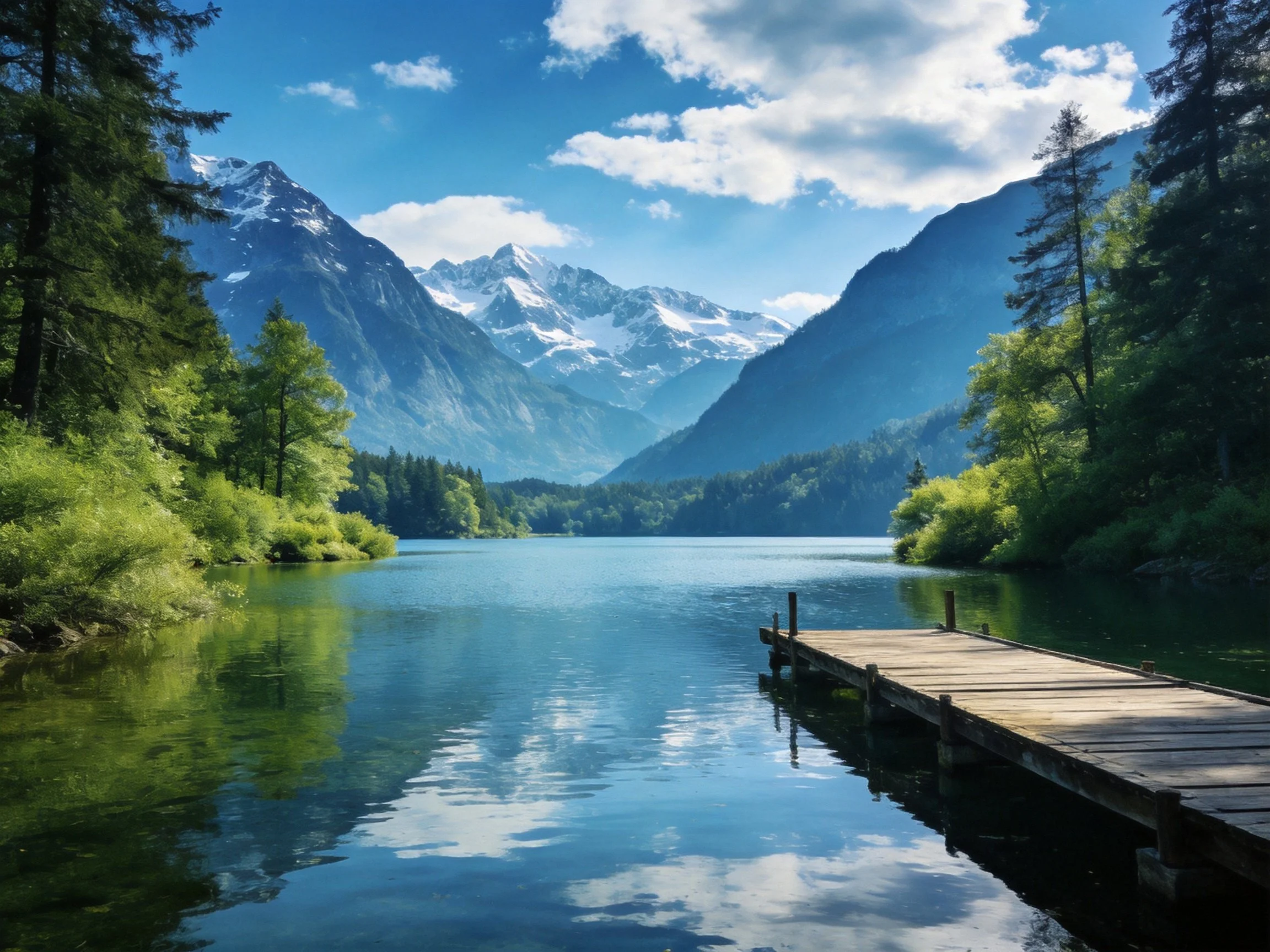 Lush forested lakeside with wooden dock, snow-capped mountains