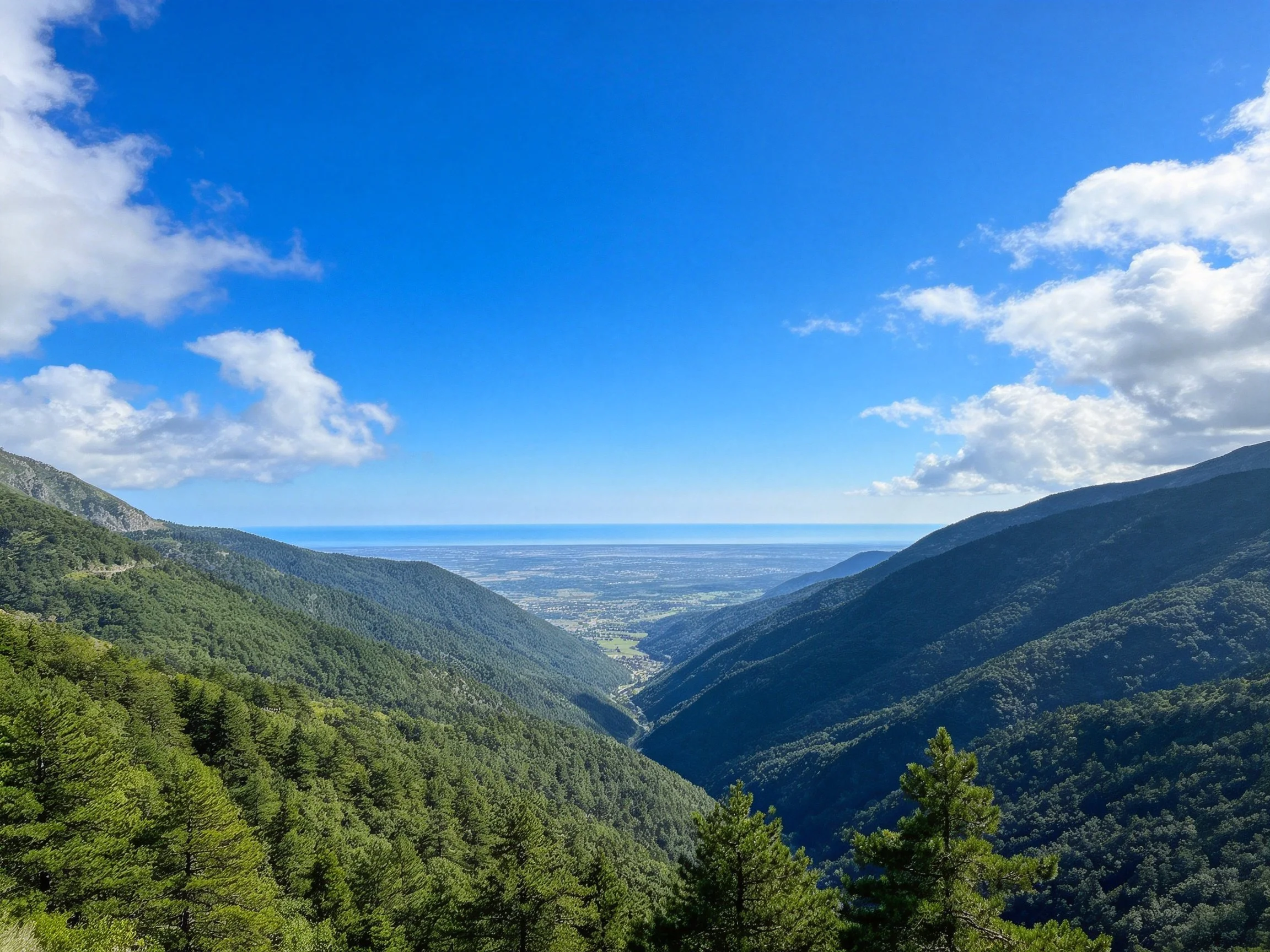 Lush forested mountains frame a valley under bright blue skies