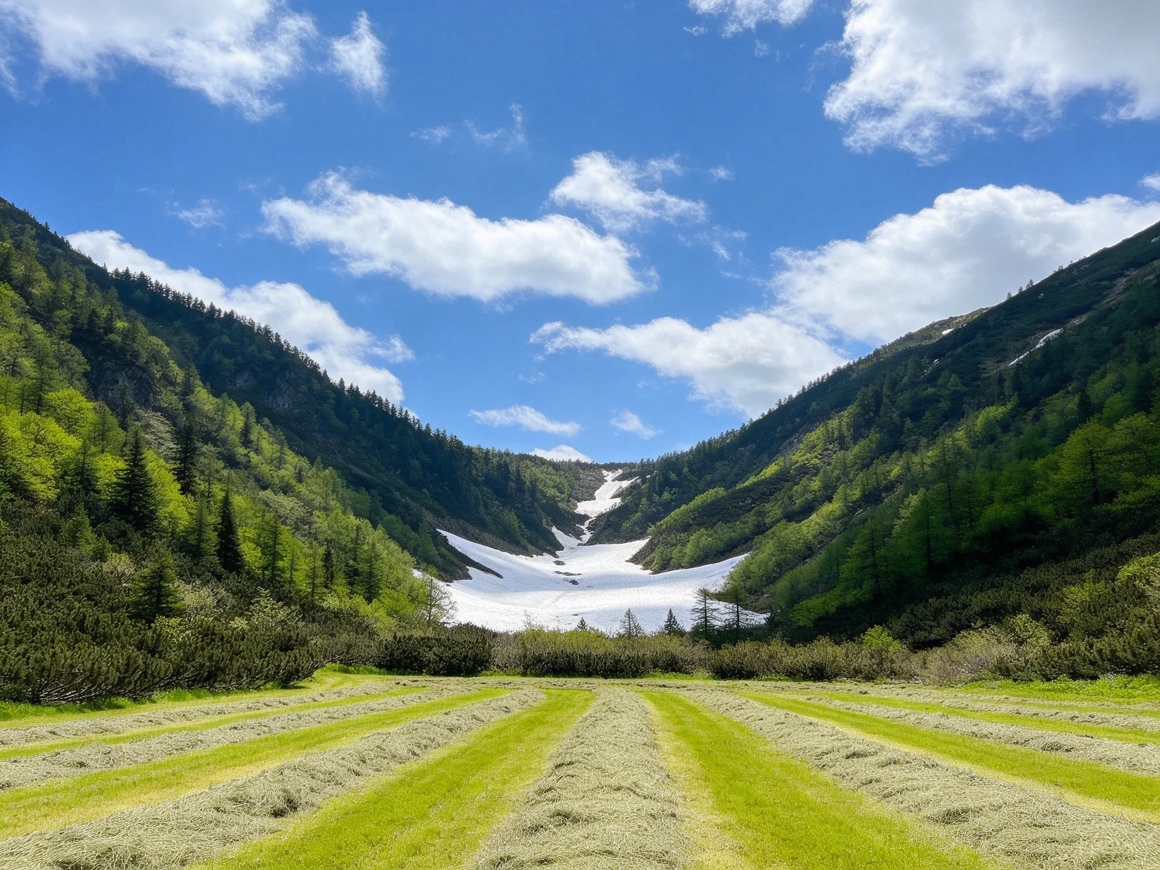 Lush forested valley with snowfield and green meadow under bright sky