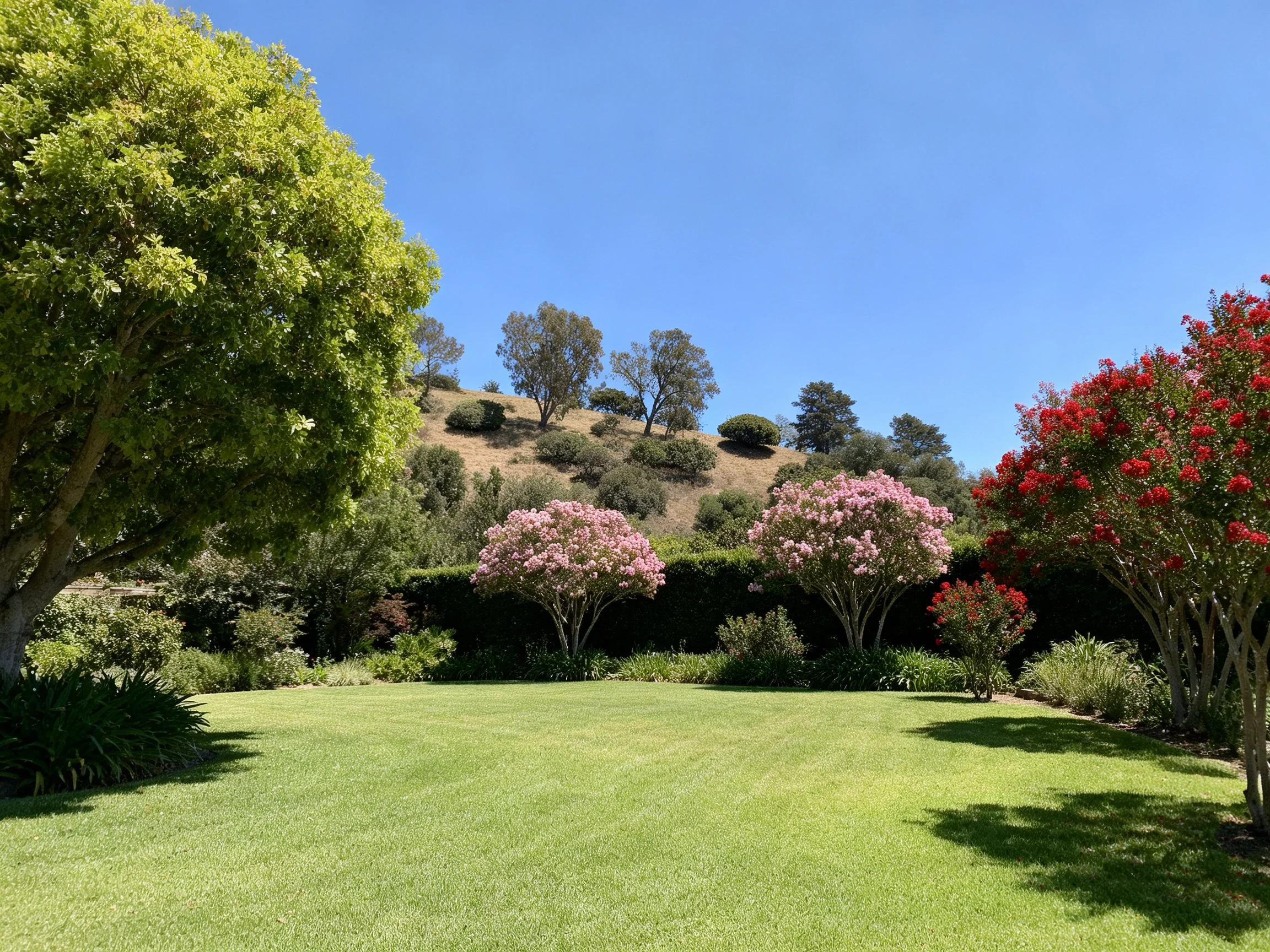 Lush garden with green lawn, pink and red flowering trees, sunny hillside