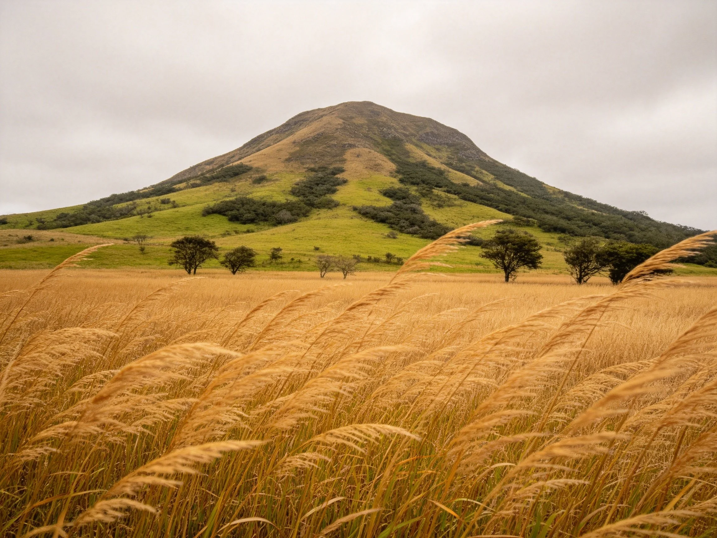 Lush golden grassland leading to a green mountain under overcast skies
