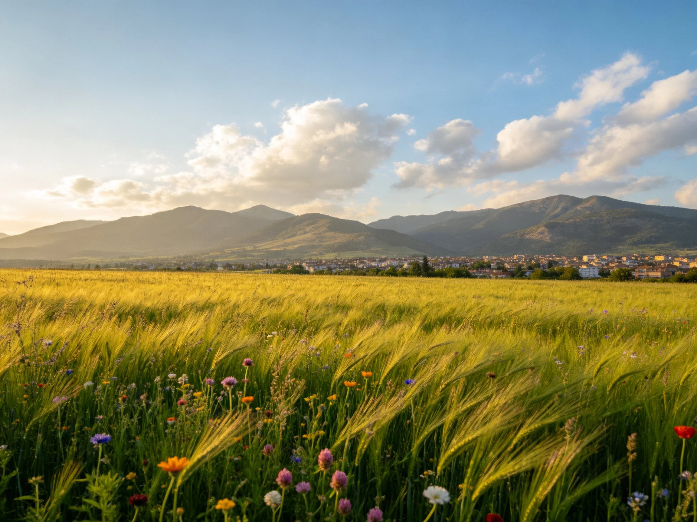 Lush golden meadow with colorful wildflowers, distant mountains, and a town