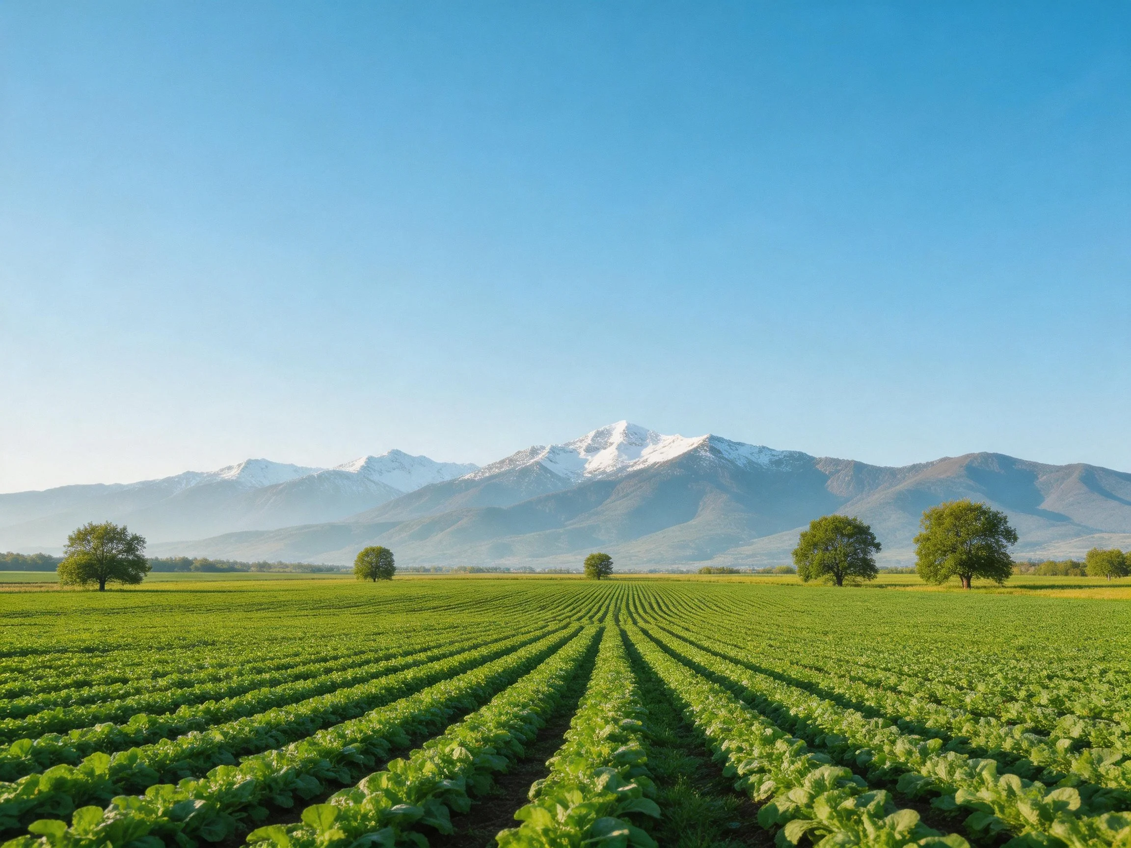 Lush green agricultural fields with distant snow-capped mountains