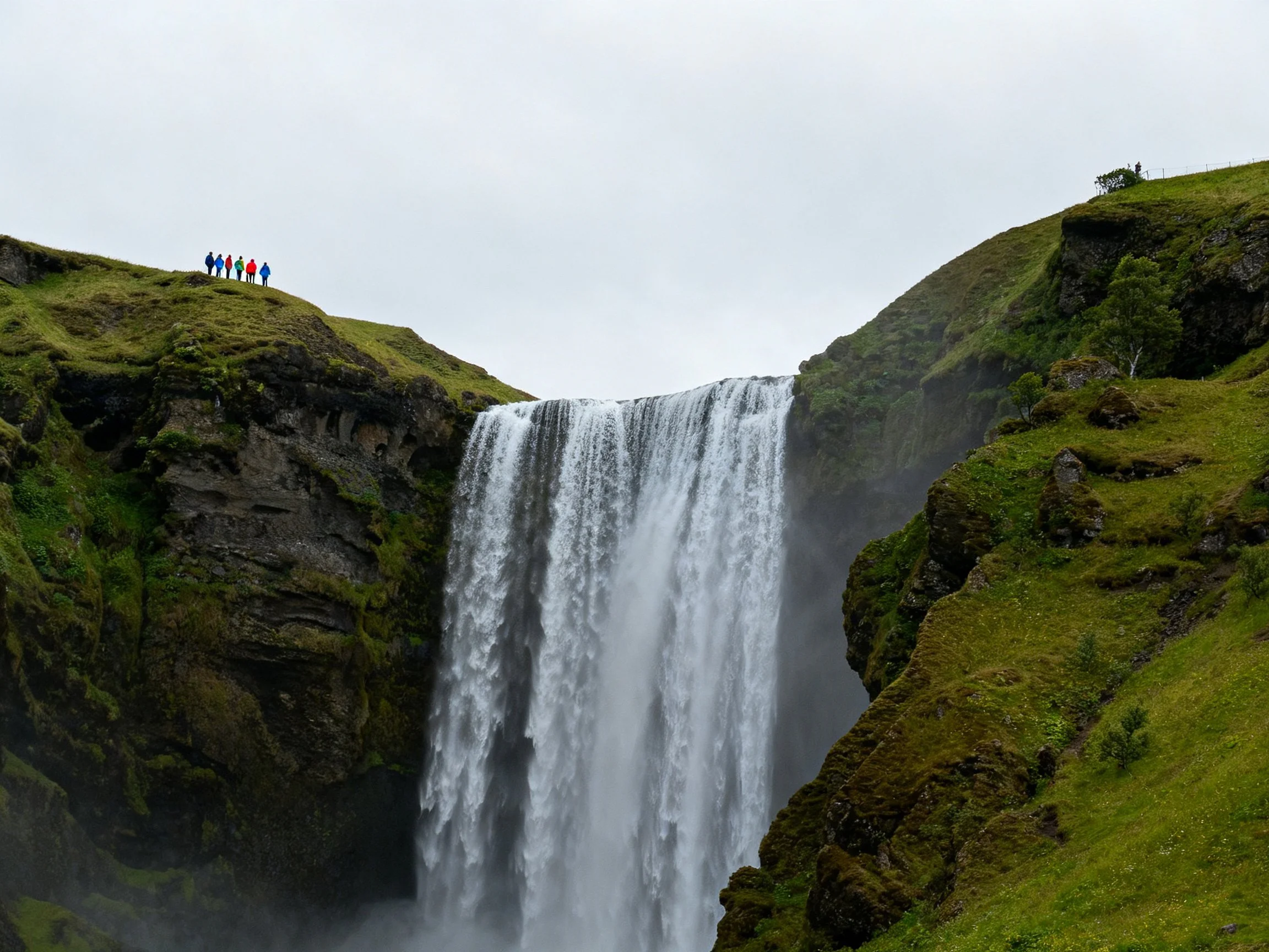 Lush green cliffs frame a towering waterfall with visitors on top