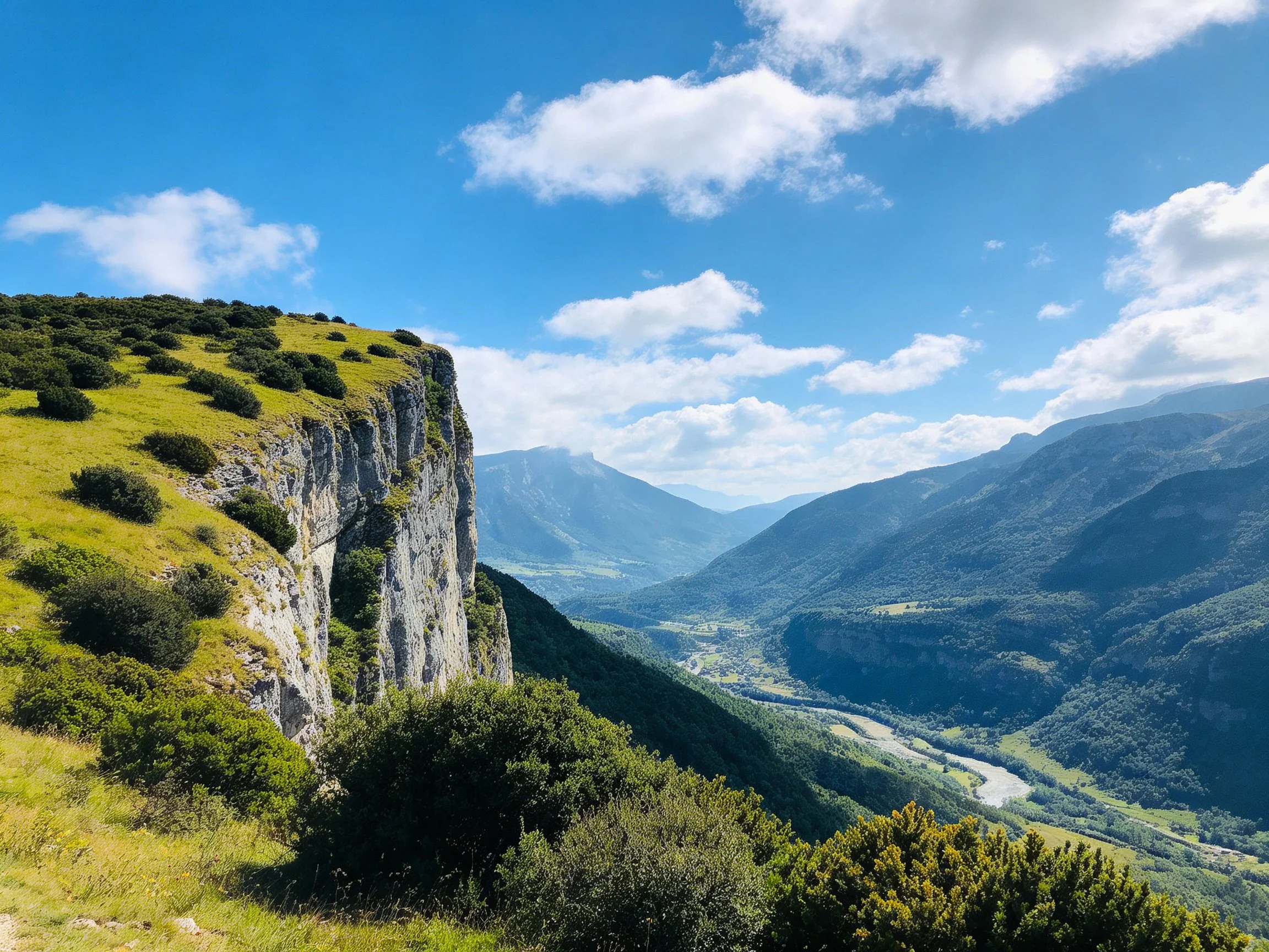 Lush green cliffs overlook a winding valley with distant mountains