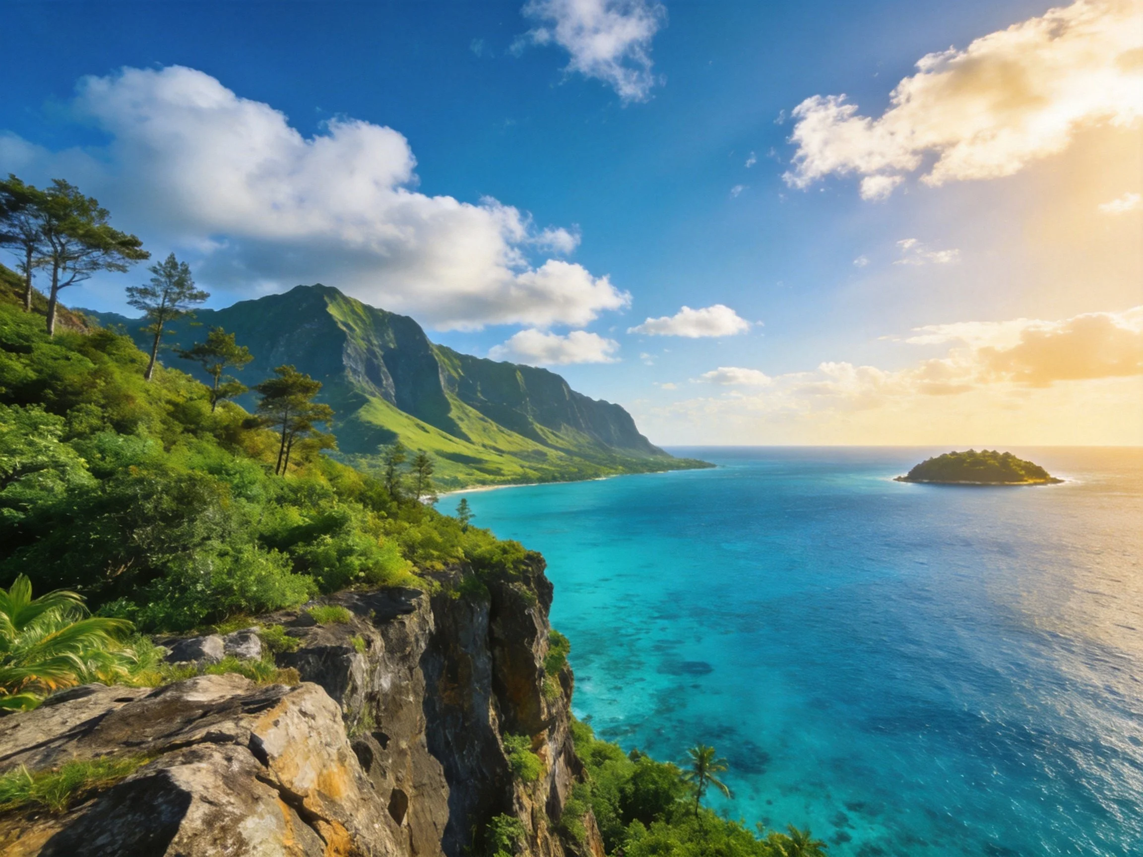 Lush green cliffs overlook turquoise waters beside forested mountains