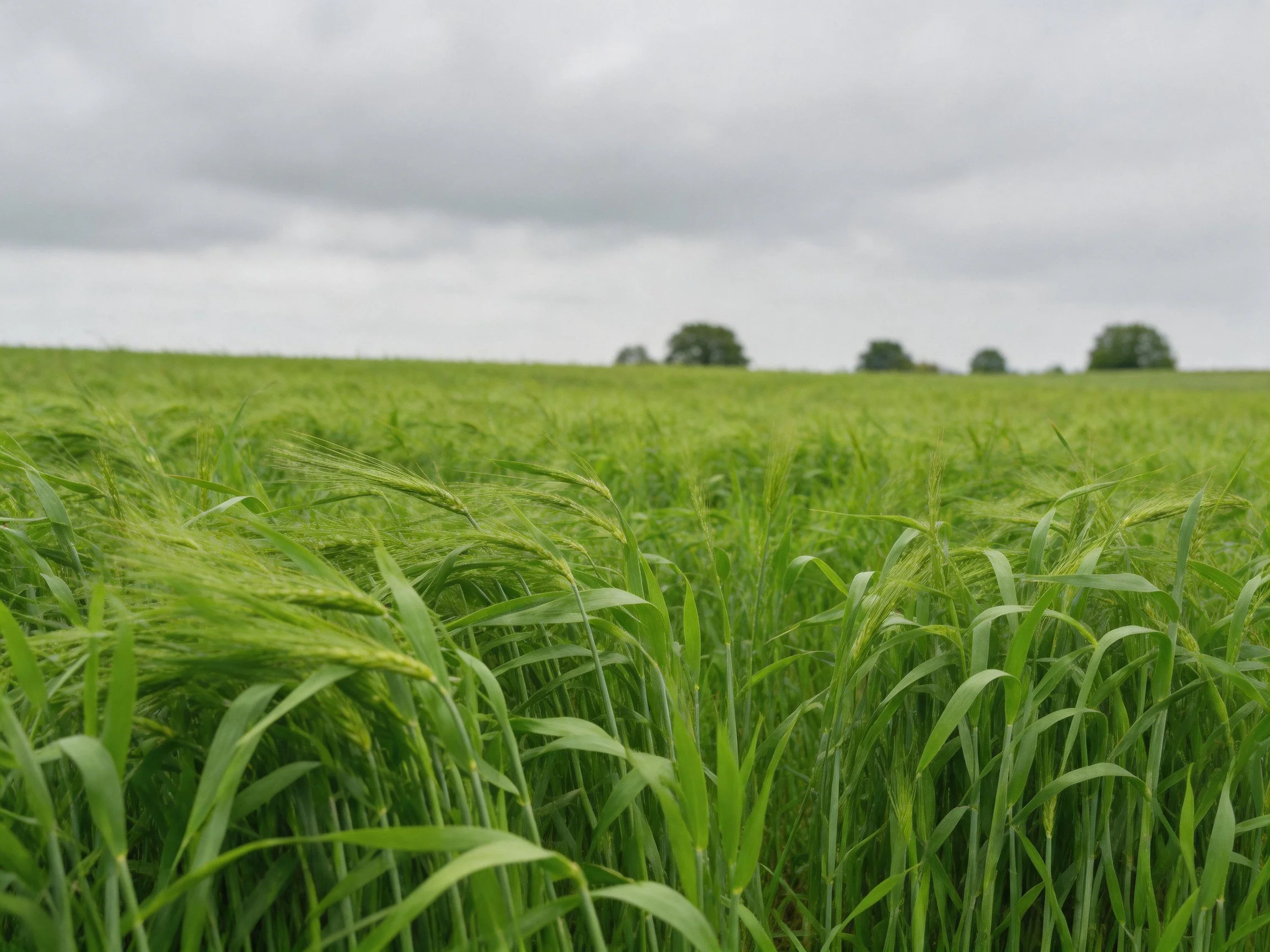 Lush green crop field under overcast sky with distant trees