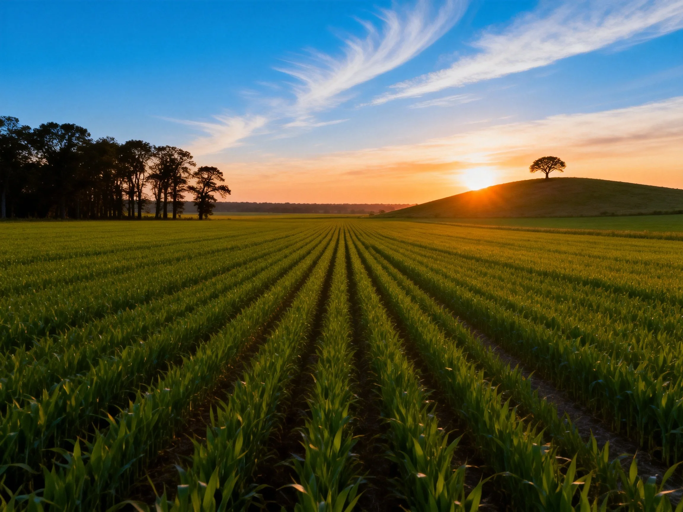 Lush green crop field with a sunset hillside view