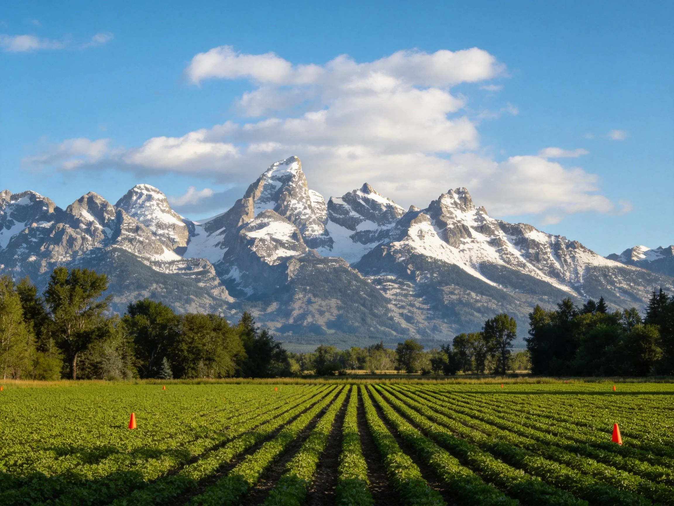 Lush green crop field with snow-capped mountain backdrop