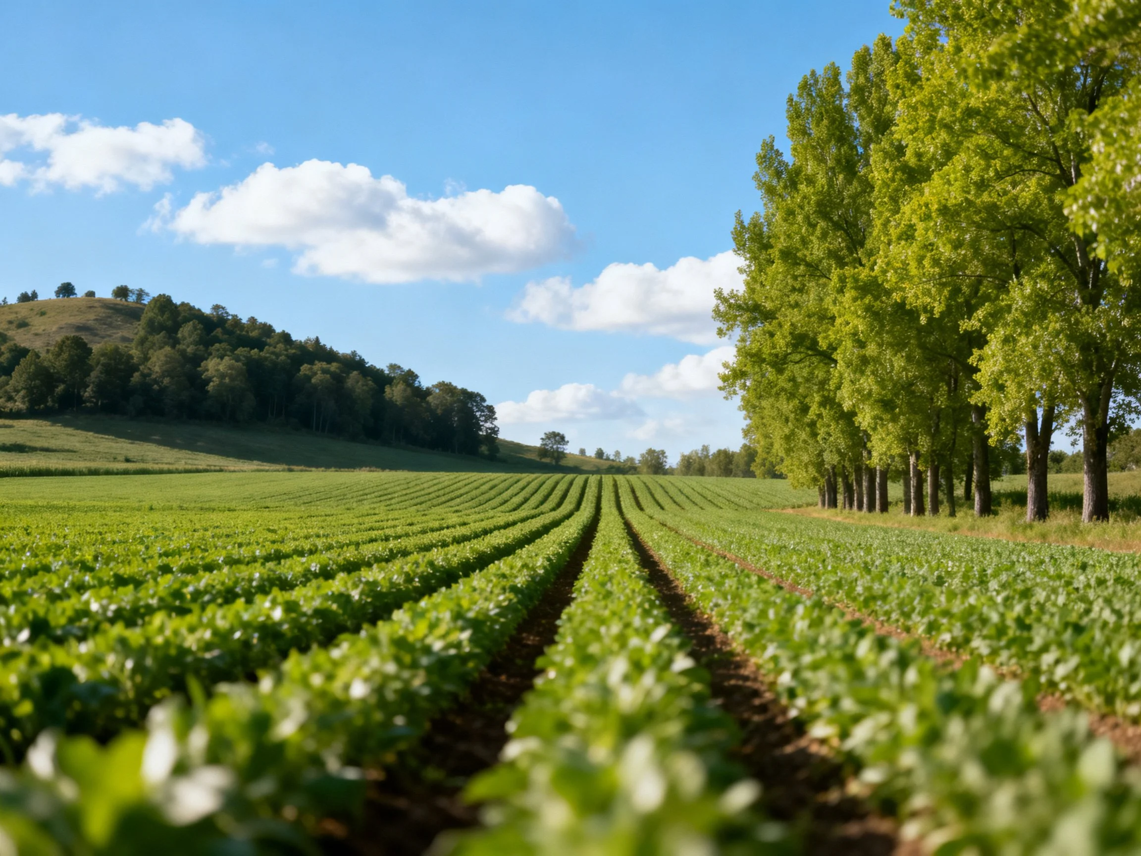 Lush green crop fields stretch toward tree-lined horizon under bright blue sky