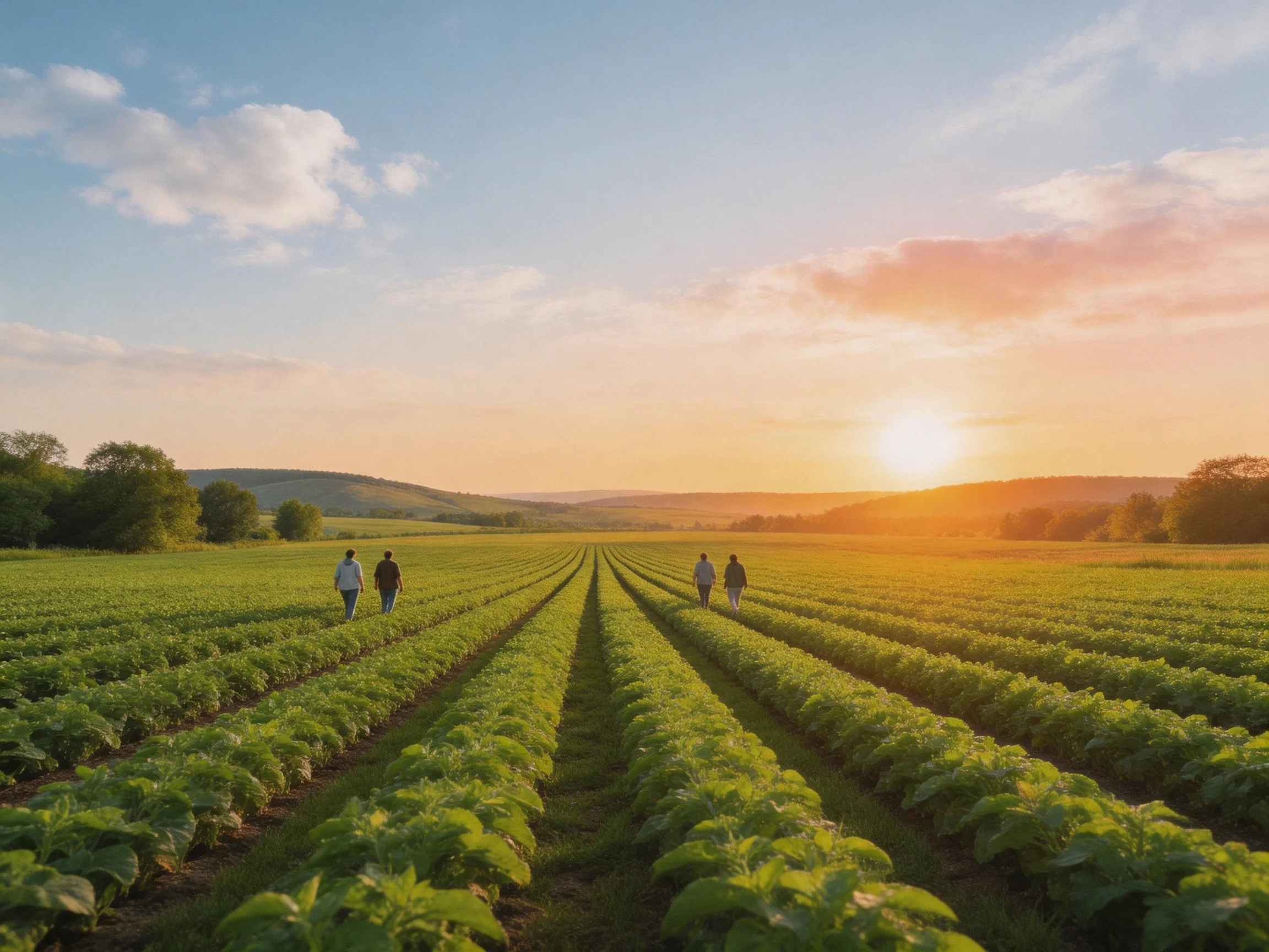 Lush green crop fields under golden sunset with four walkers