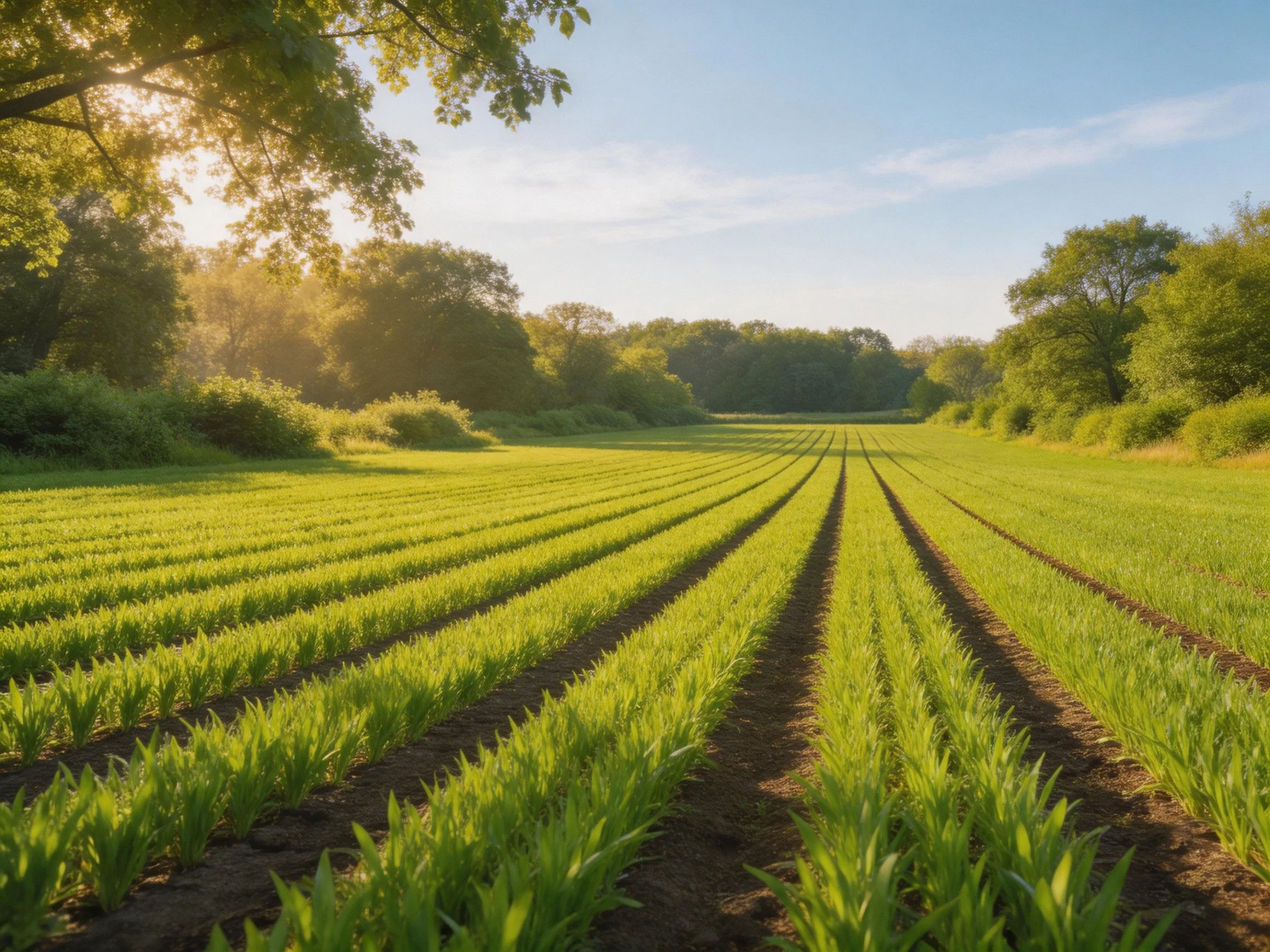 Lush green crop rows stretching toward tree-lined horizon under golden sunlight