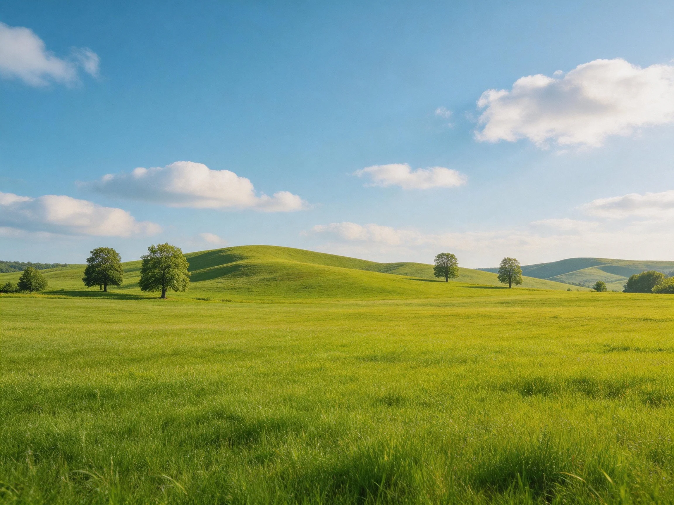 Lush green field with rolling hills and scattered trees