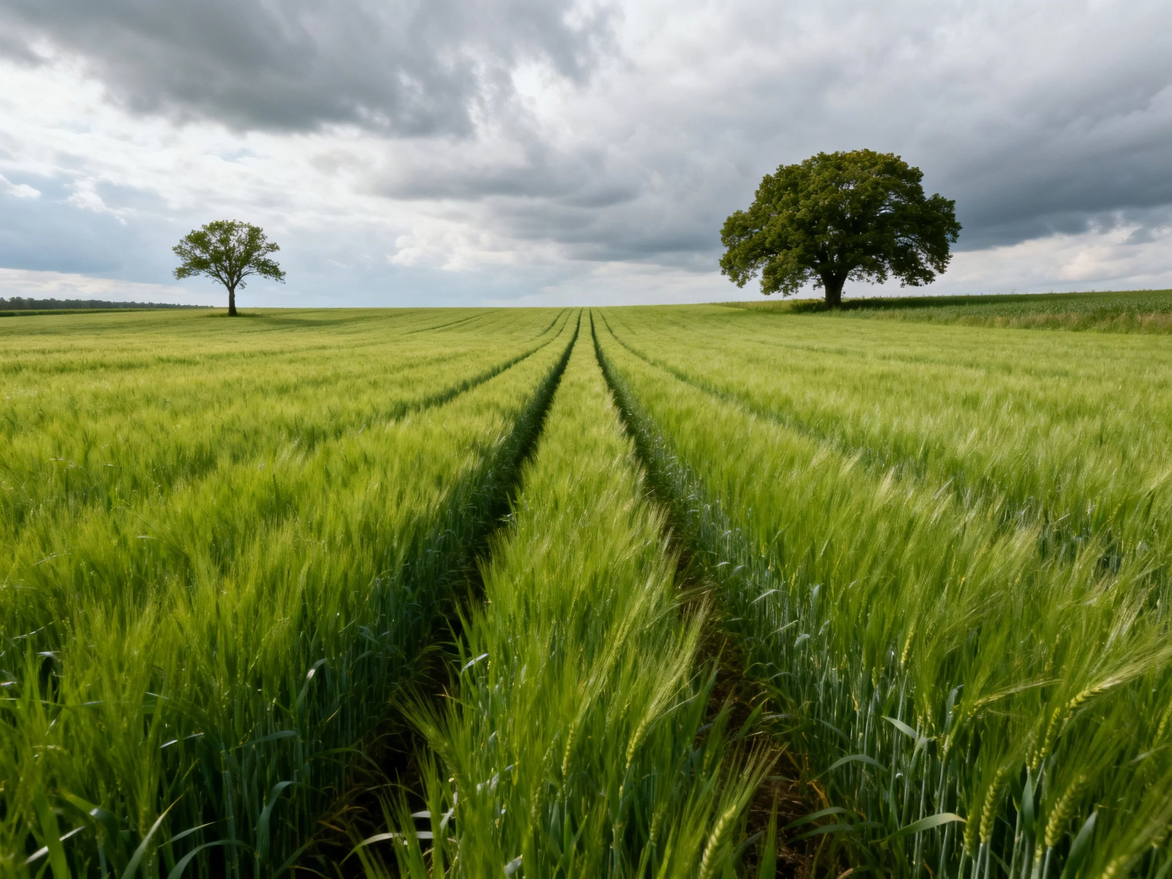 Lush green field with two trees under cloudy sky