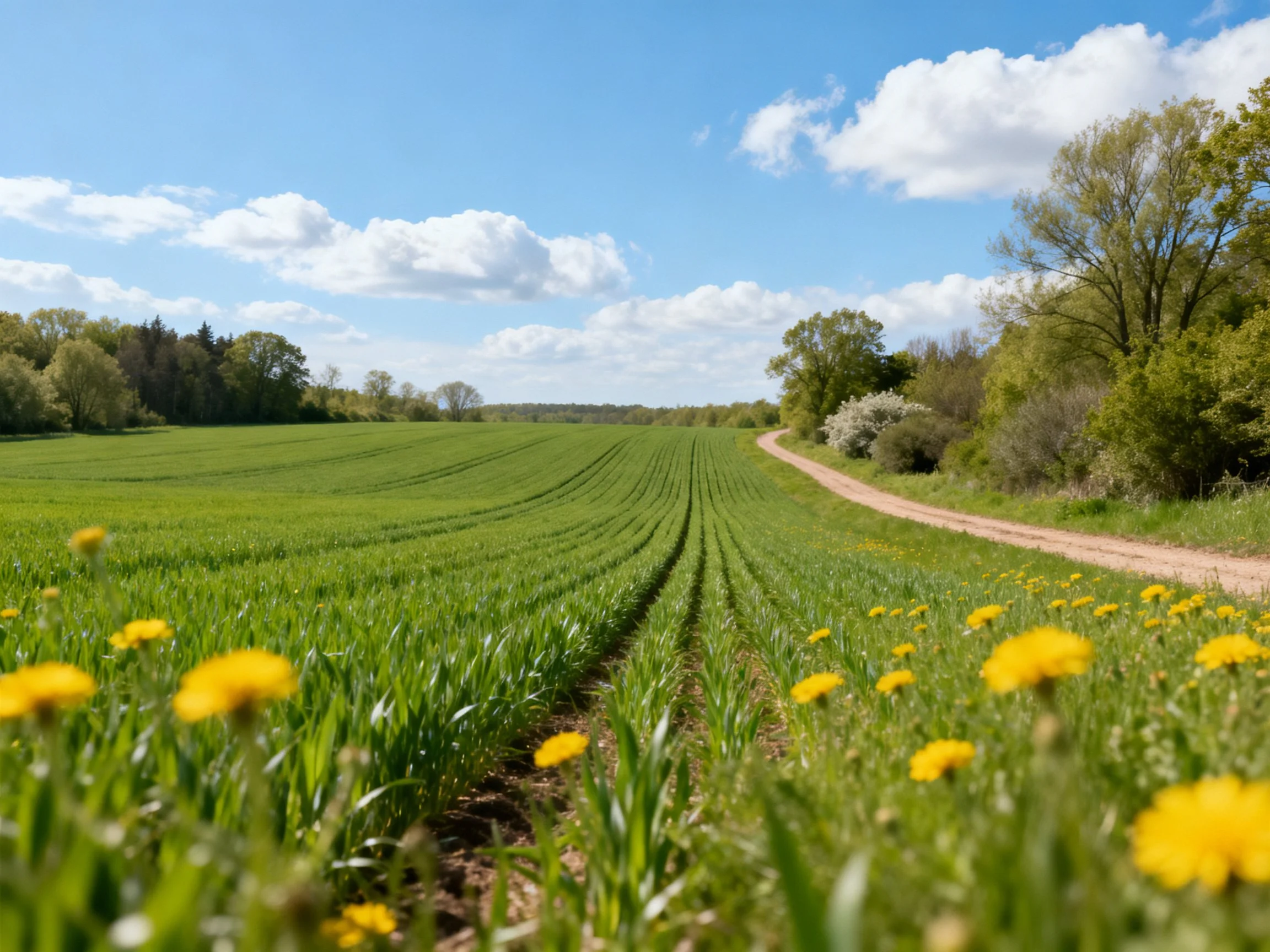 Lush green field with yellow wildflowers, dirt path, blue skies